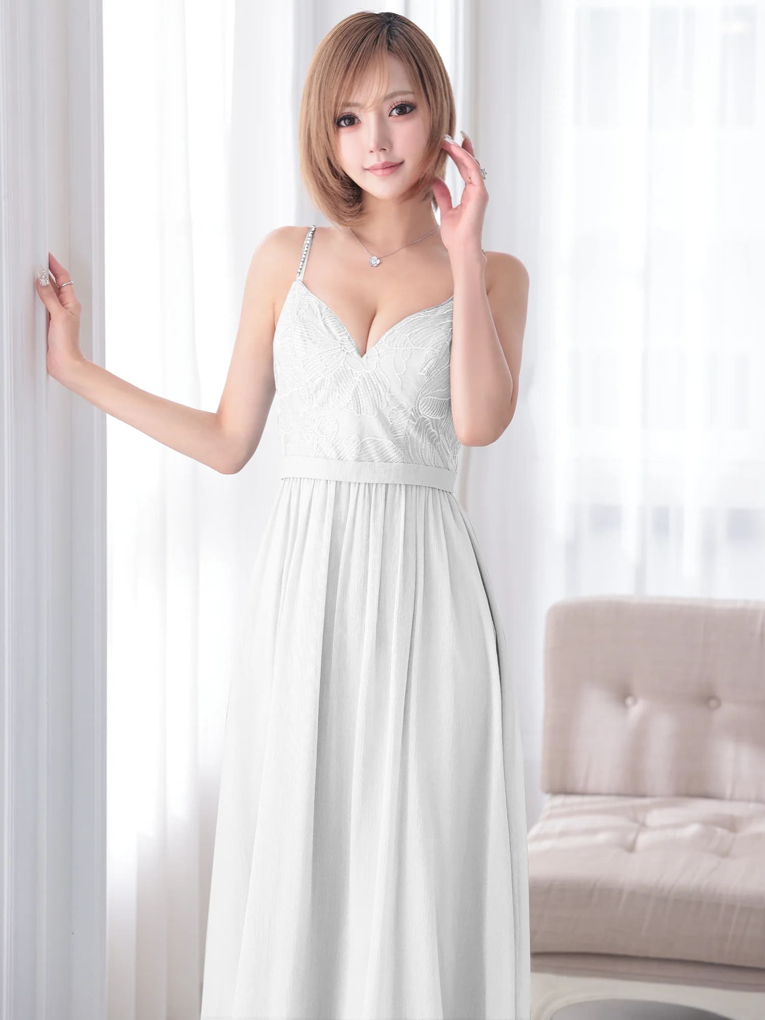 キャミソール ハートカット アッパーフラワーデザイン ウエストマーク ビジュー シフォン Aラインロングドレスのイメージ画像5