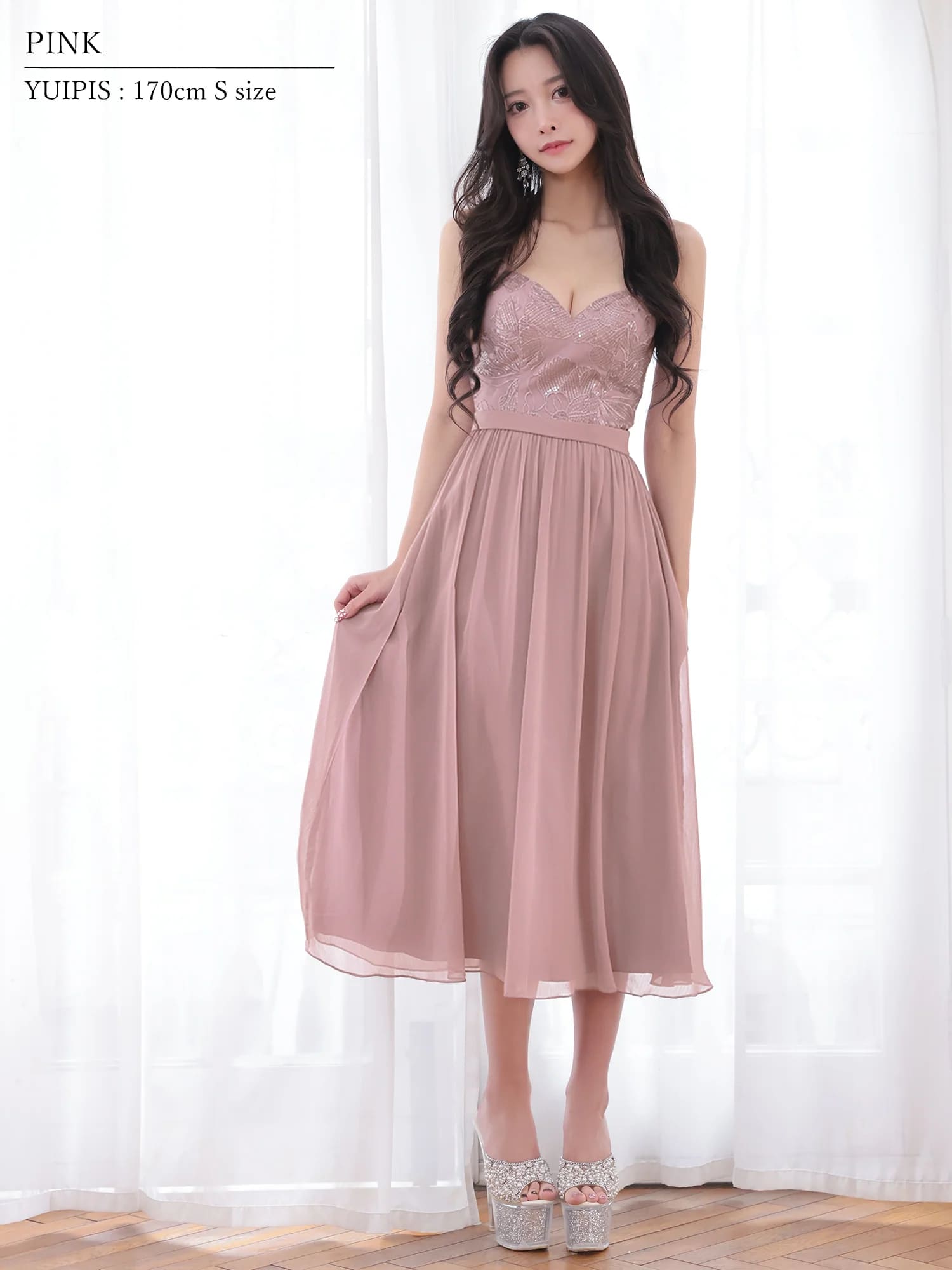 キャミソール ハートカット アッパーフラワーデザイン ウエストマーク ビジュー シフォン Aラインロングドレスのイメージ画像8