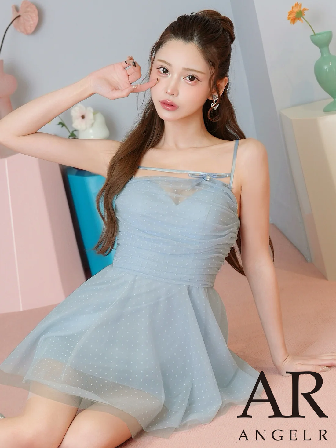 キャミソール ドット柄 チュール シアー リボン フェミニン フレアミニドレスのメイン画像