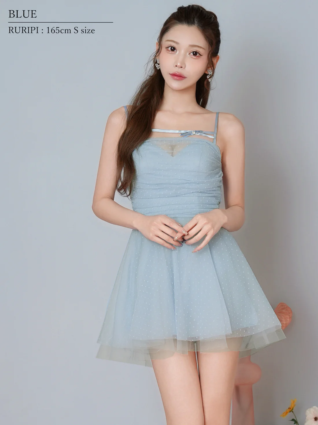 キャミソール ドット柄 チュール シアー リボン フェミニン フレアミニドレスのイメージ画像5