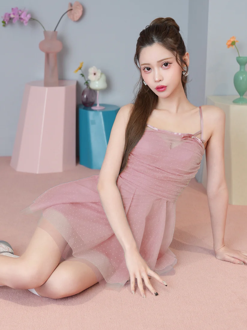 キャミソール ドット柄 チュール シアー リボン フェミニン フレアミニドレスのイメージ画像4