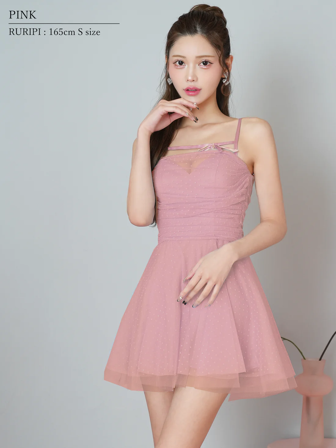 キャミソール ドット柄 チュール シアー リボン フェミニン フレアミニドレスのイメージ画像6