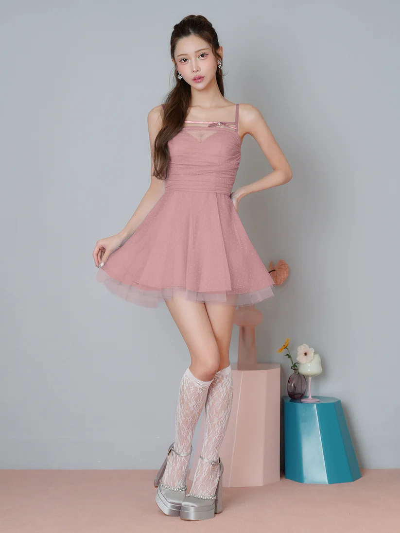 キャミソール ドット柄 チュール シアー リボン フェミニン フレアミニドレスのイメージ画像7