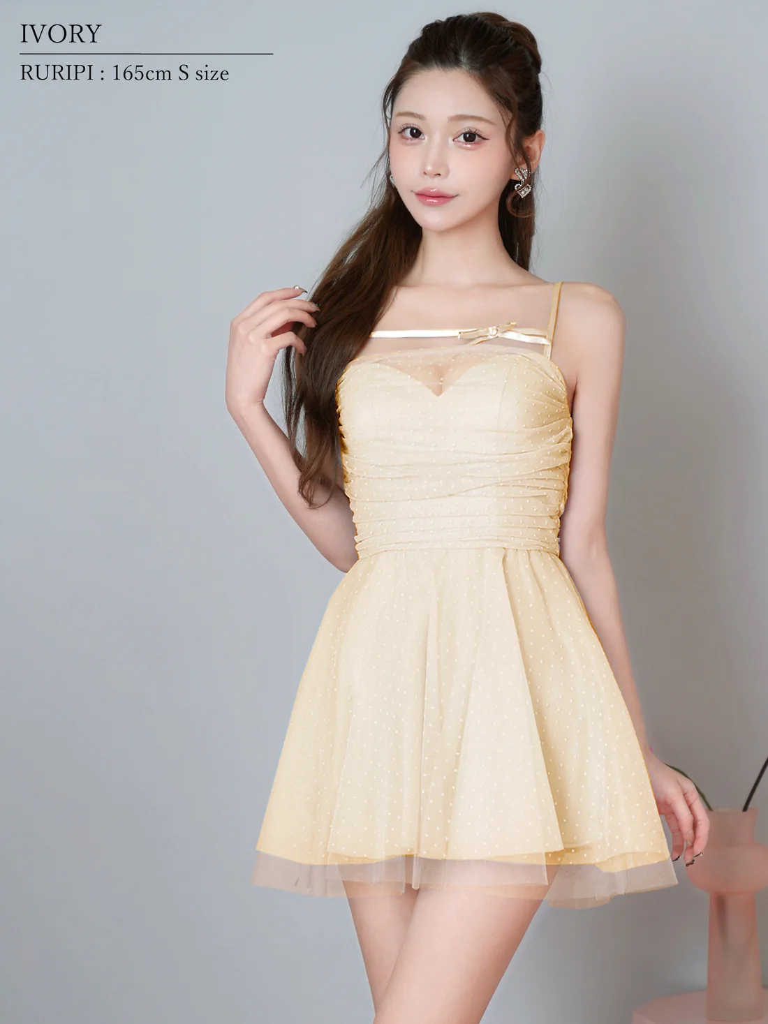 キャミソール ドット柄 チュール シアー リボン フェミニン フレアミニドレスのイメージ画像8