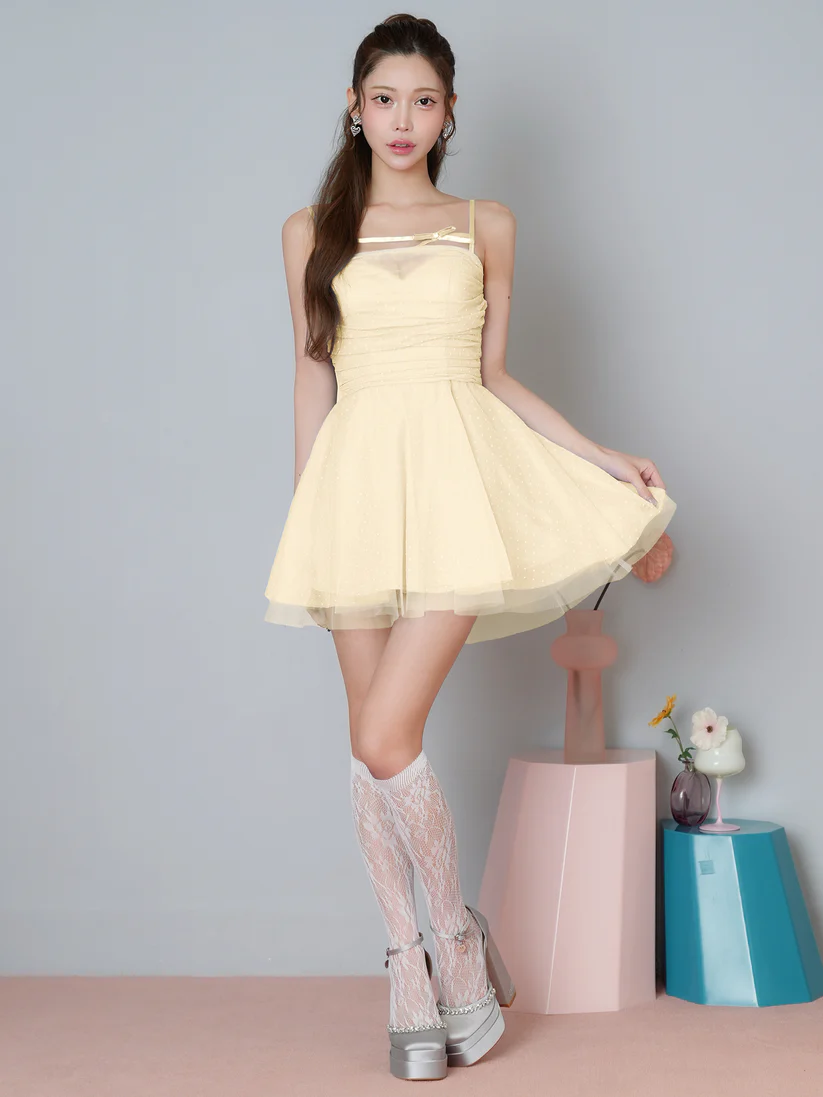 キャミソール ドット柄 チュール シアー リボン フェミニン フレアミニドレスのイメージ画像9