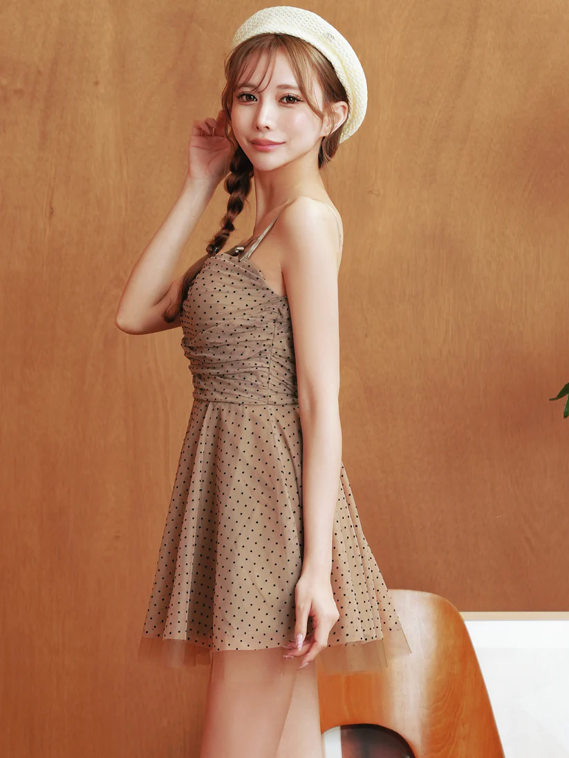 キャミソール ドット柄 チュール シアー リボン フェミニン フレアミニドレスのイメージ画像12