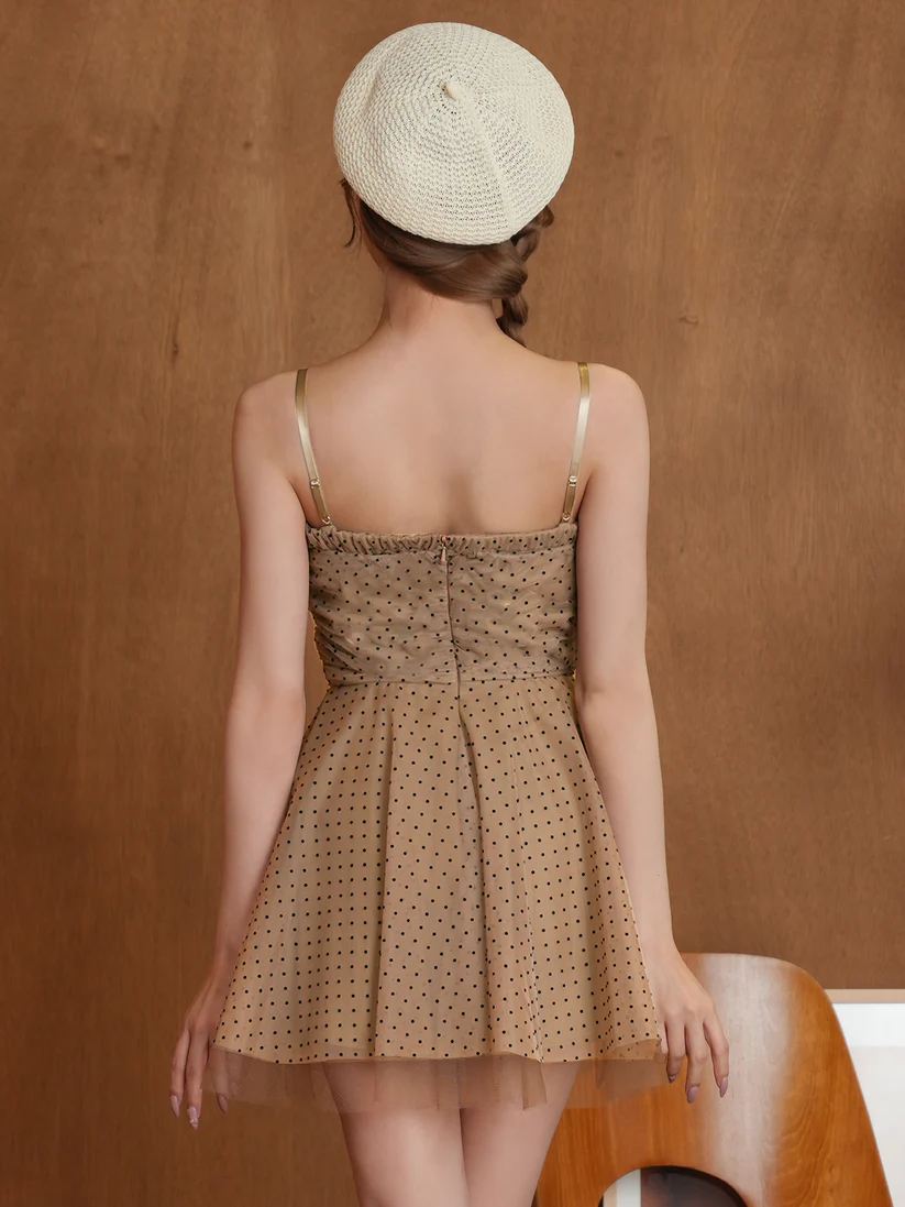 キャミソール ドット柄 チュール シアー リボン フェミニン フレアミニドレスのイメージ画像13