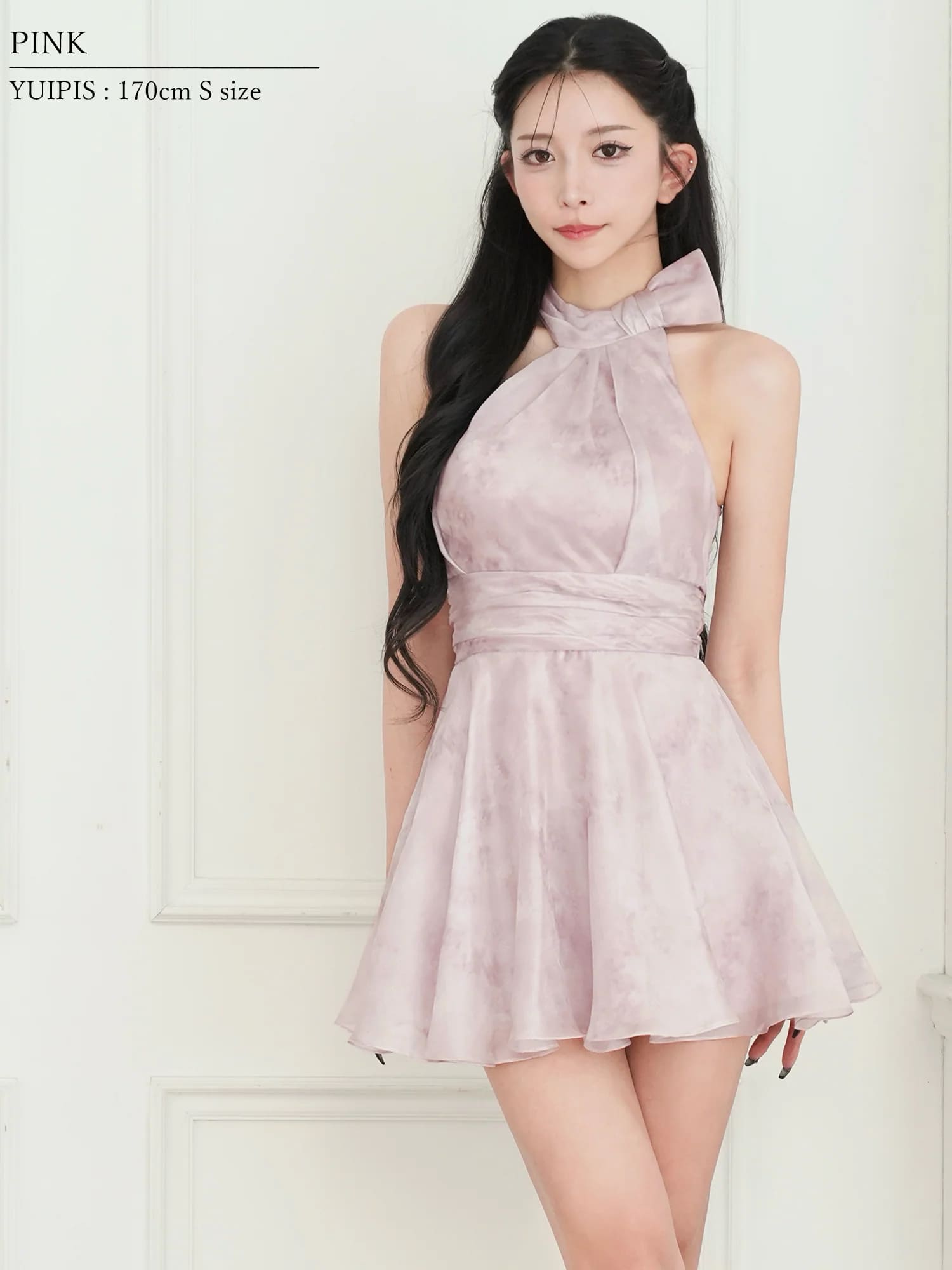 ホルターネック リボン ウエストマーク ニュアンスマーブル シフォン フレアミニドレスのイメージ画像1