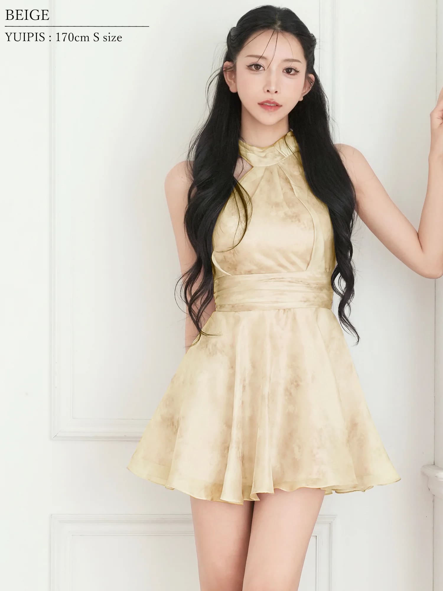 ホルターネック リボン ウエストマーク ニュアンスマーブル シフォン フレアミニドレスのイメージ画像2