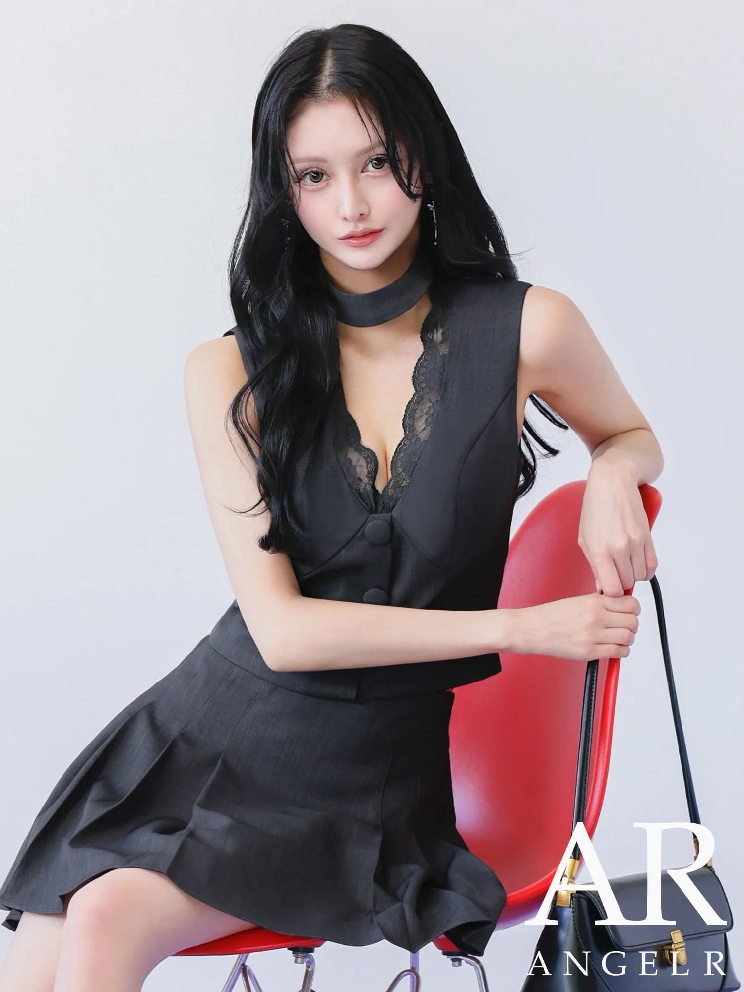 チョーカーデザイン ノースリーブ レース ボタン プリーツスカート セットアップ フレアミニドレスのメイン画像