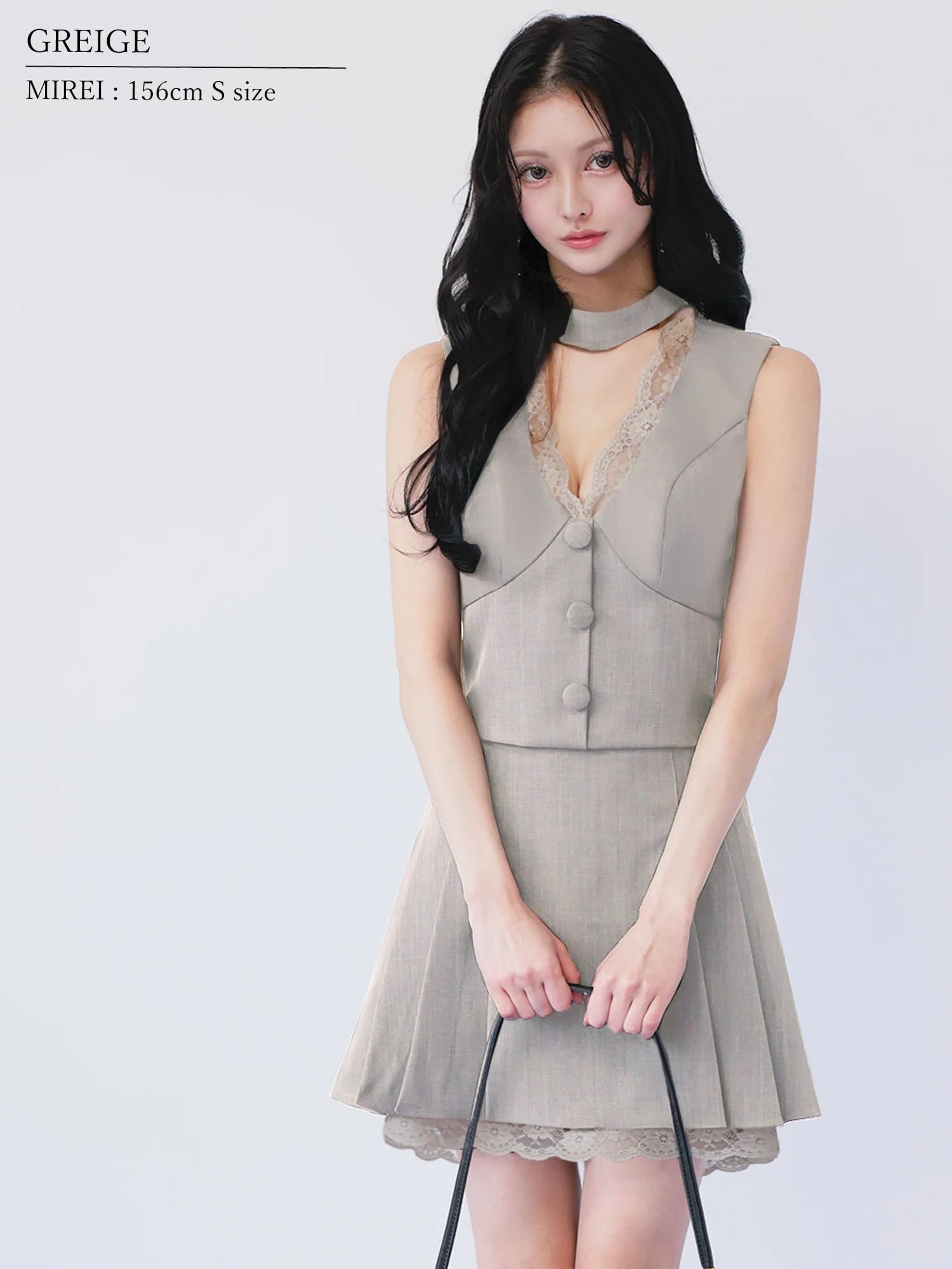 チョーカーデザイン ノースリーブ レース ボタン プリーツスカート セットアップ フレアミニドレスのイメージ画像3