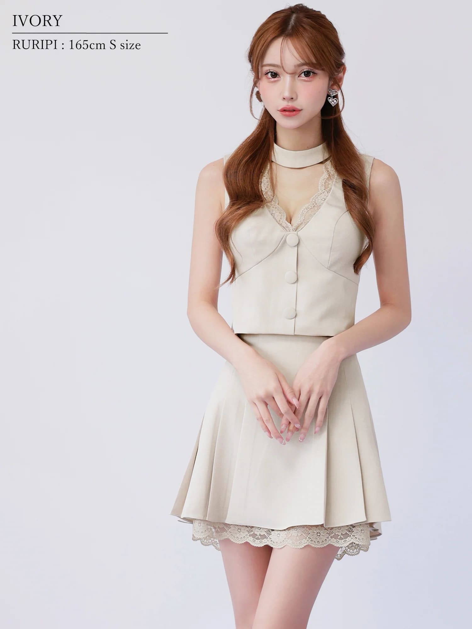 チョーカーデザイン ノースリーブ レース ボタン プリーツスカート セットアップ フレアミニドレスのイメージ画像5