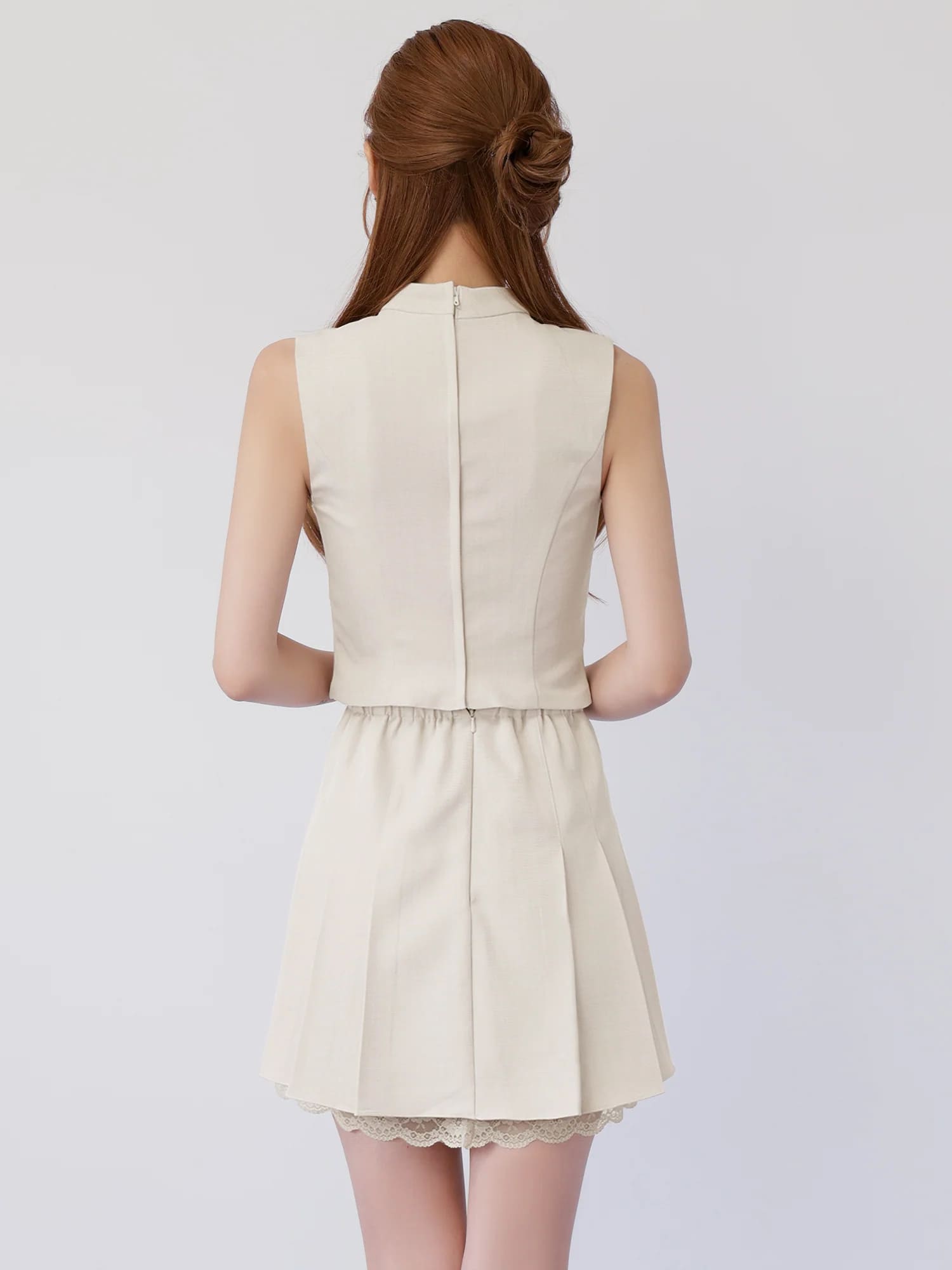 チョーカーデザイン ノースリーブ レース ボタン プリーツスカート セットアップ フレアミニドレスのイメージ画像8