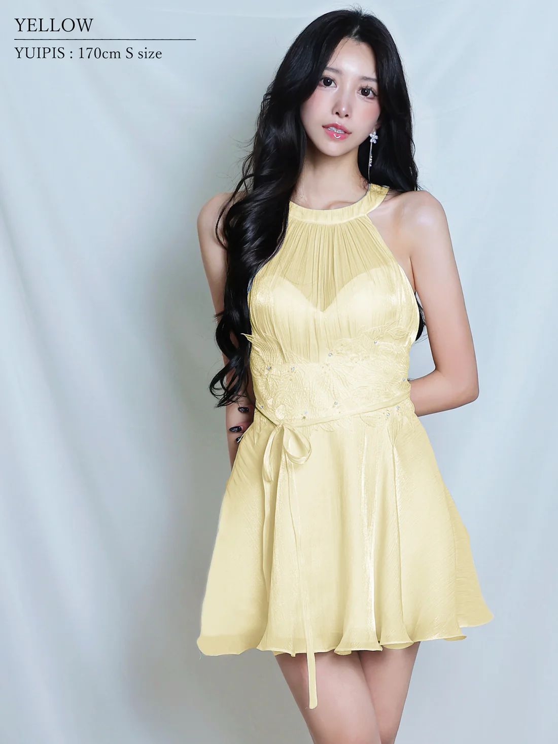 ホルターネック ウエストリボン フラワーメッシュ ギャザー 刺繍 フレアミニドレスのイメージ画像6