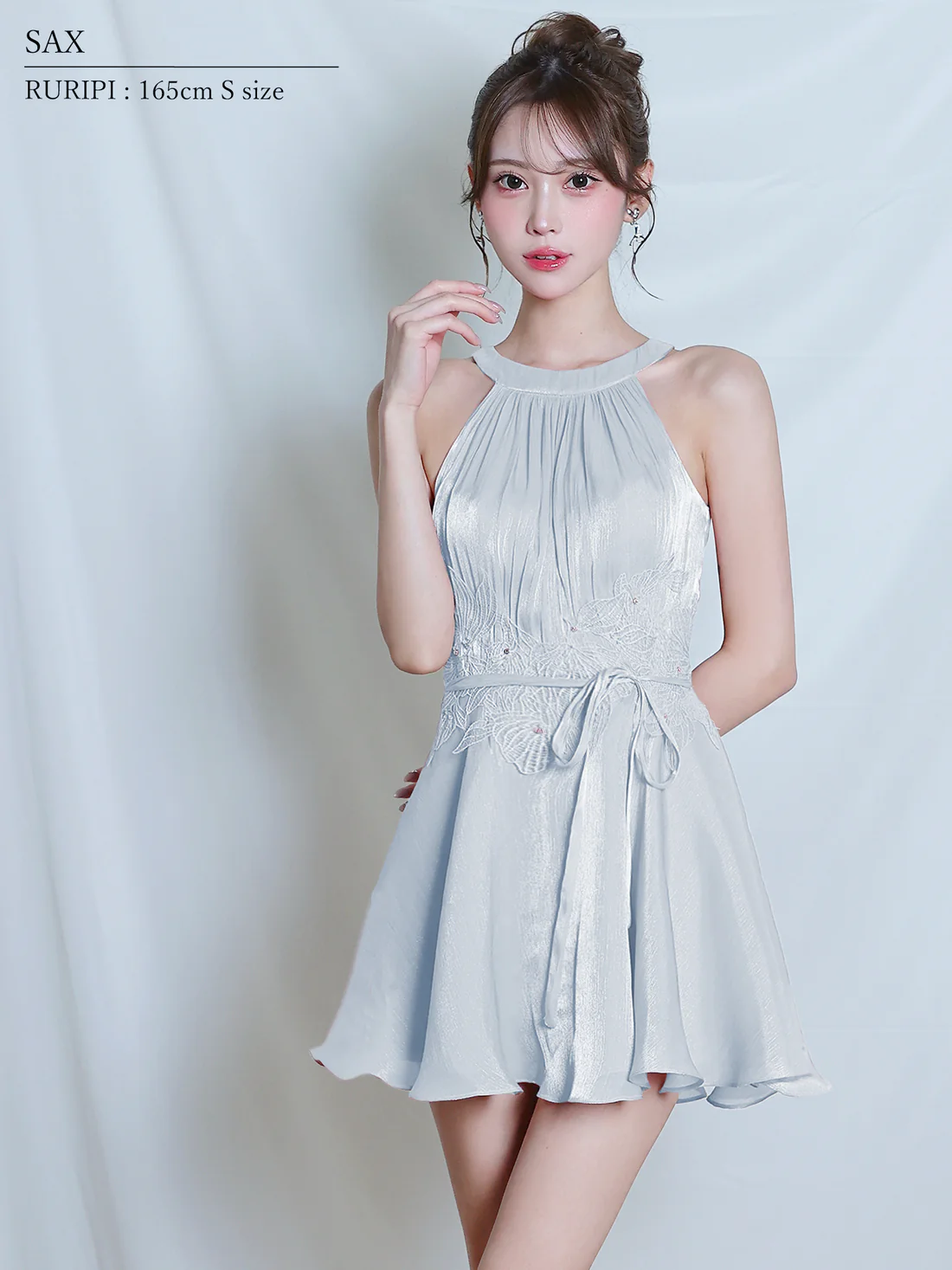 ホルターネック ウエストリボン フラワーメッシュ ギャザー 刺繍 フレアミニドレスのイメージ画像8