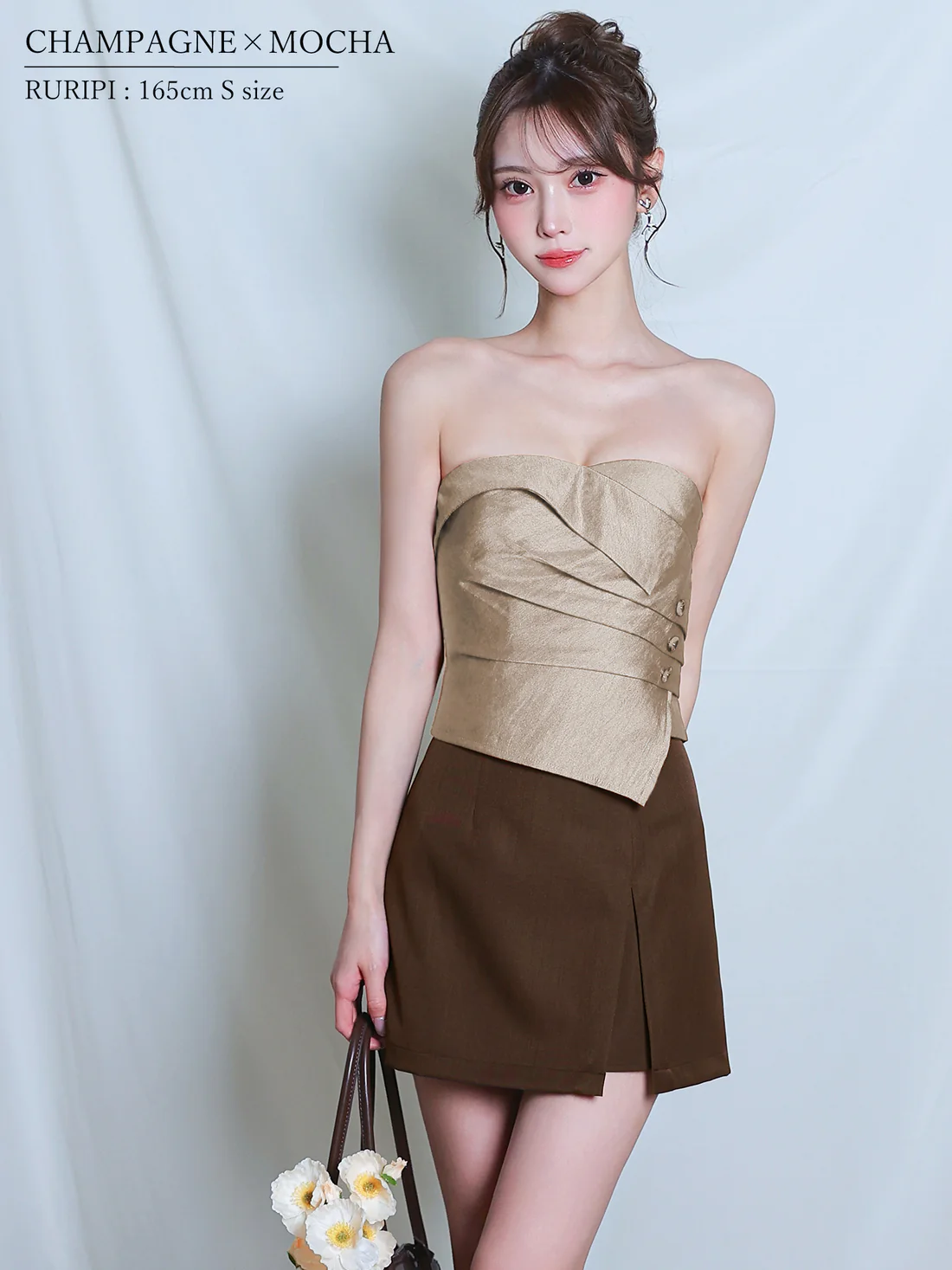 キャミソール 2way ベア バイカラー ボタン セットアップ フレアミニドレスのイメージ画像3