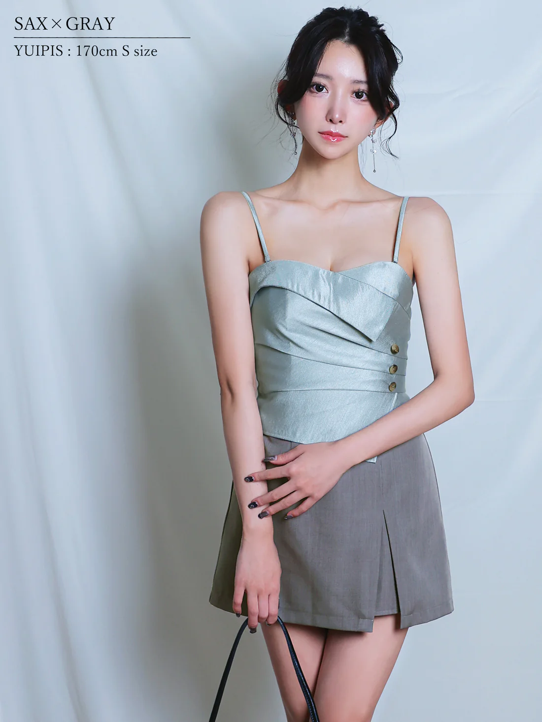 キャミソール 2way ベア バイカラー ボタン セットアップ フレアミニドレスのイメージ画像5