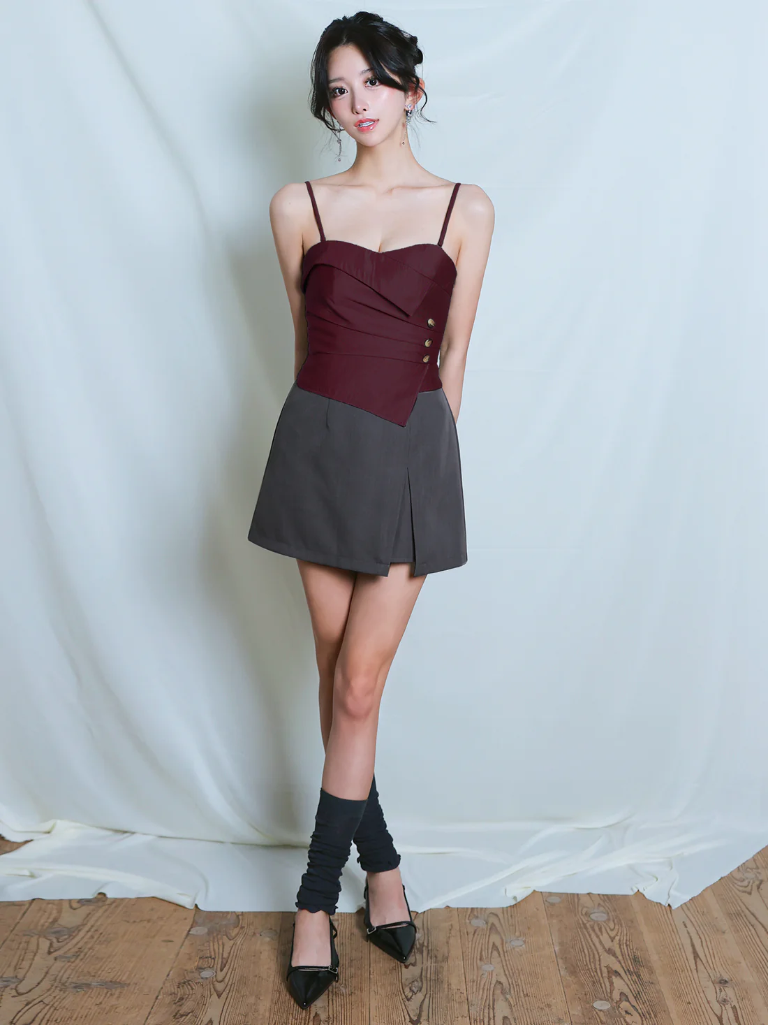 キャミソール 2way ベア バイカラー ボタン セットアップ フレアミニドレスのイメージ画像8