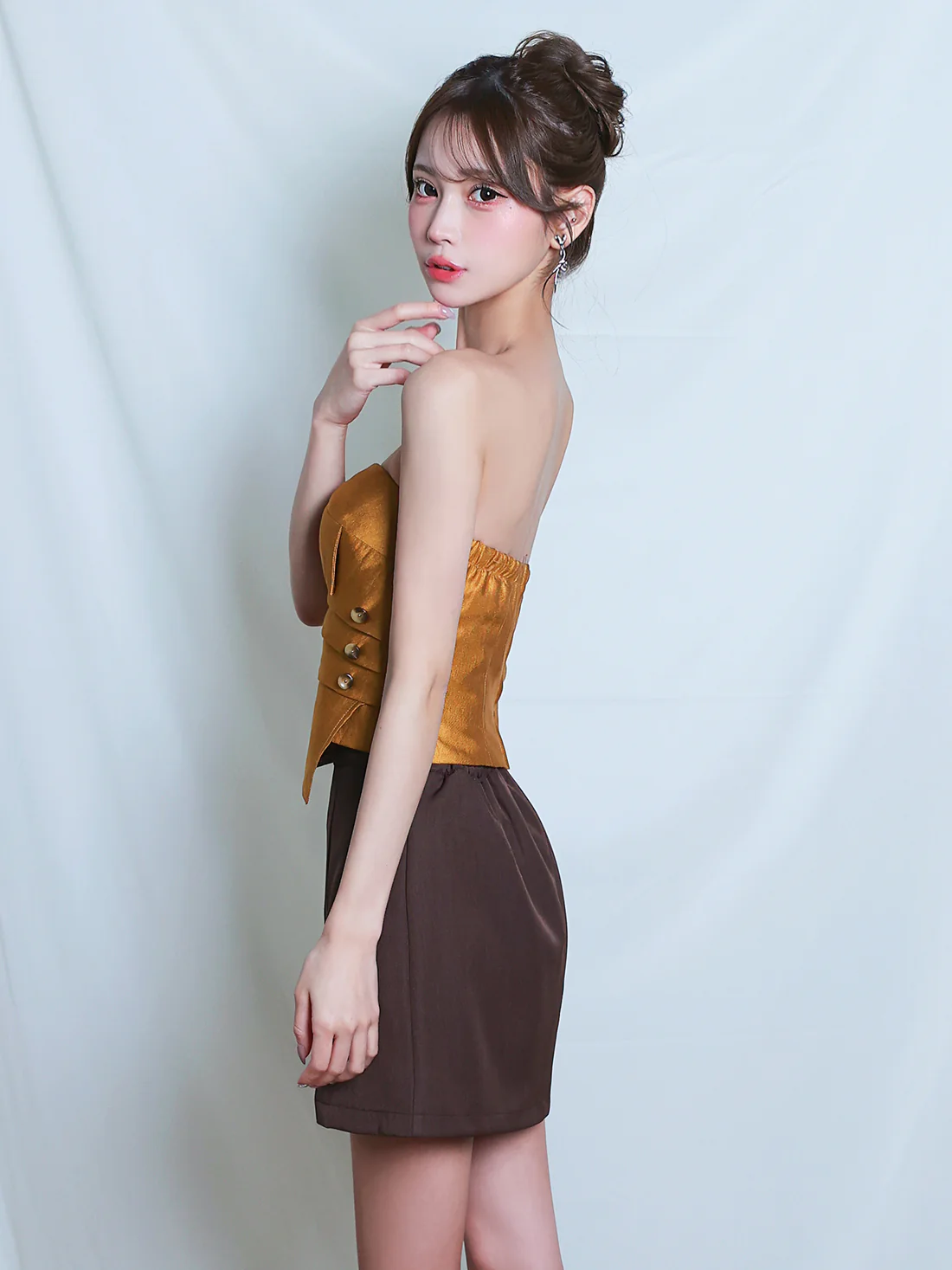 キャミソール 2way ベア バイカラー ボタン セットアップ フレアミニドレスのイメージ画像9