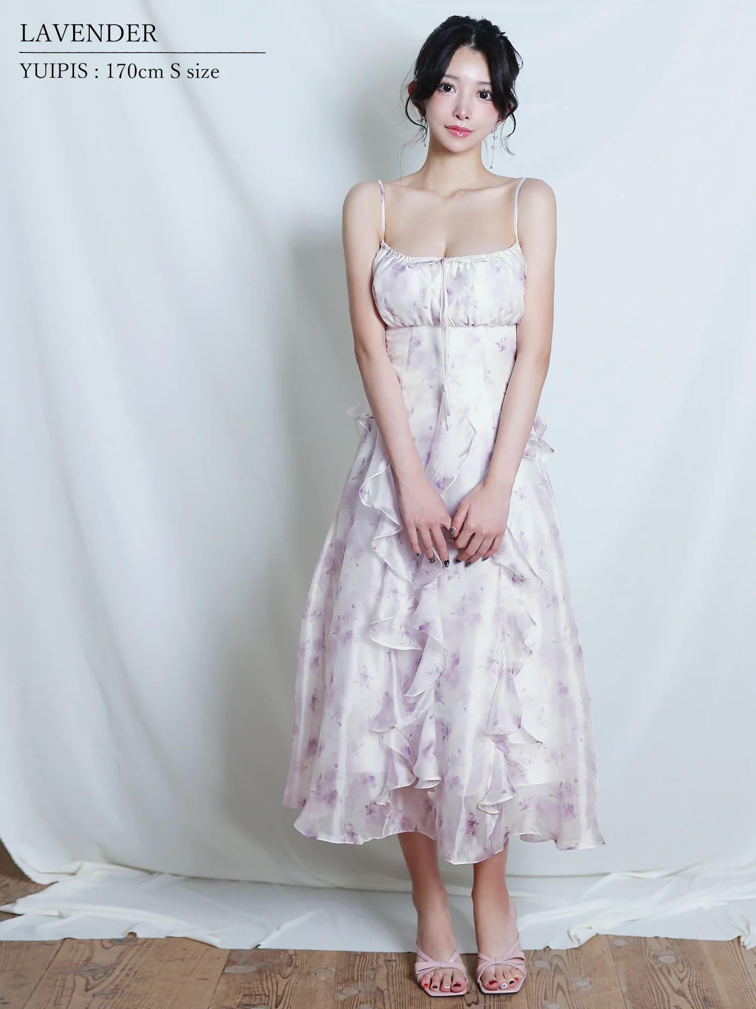 キャミソール バストリボン フラワーデザイン フリル シフォン Aラインロングドレスのイメージ画像2