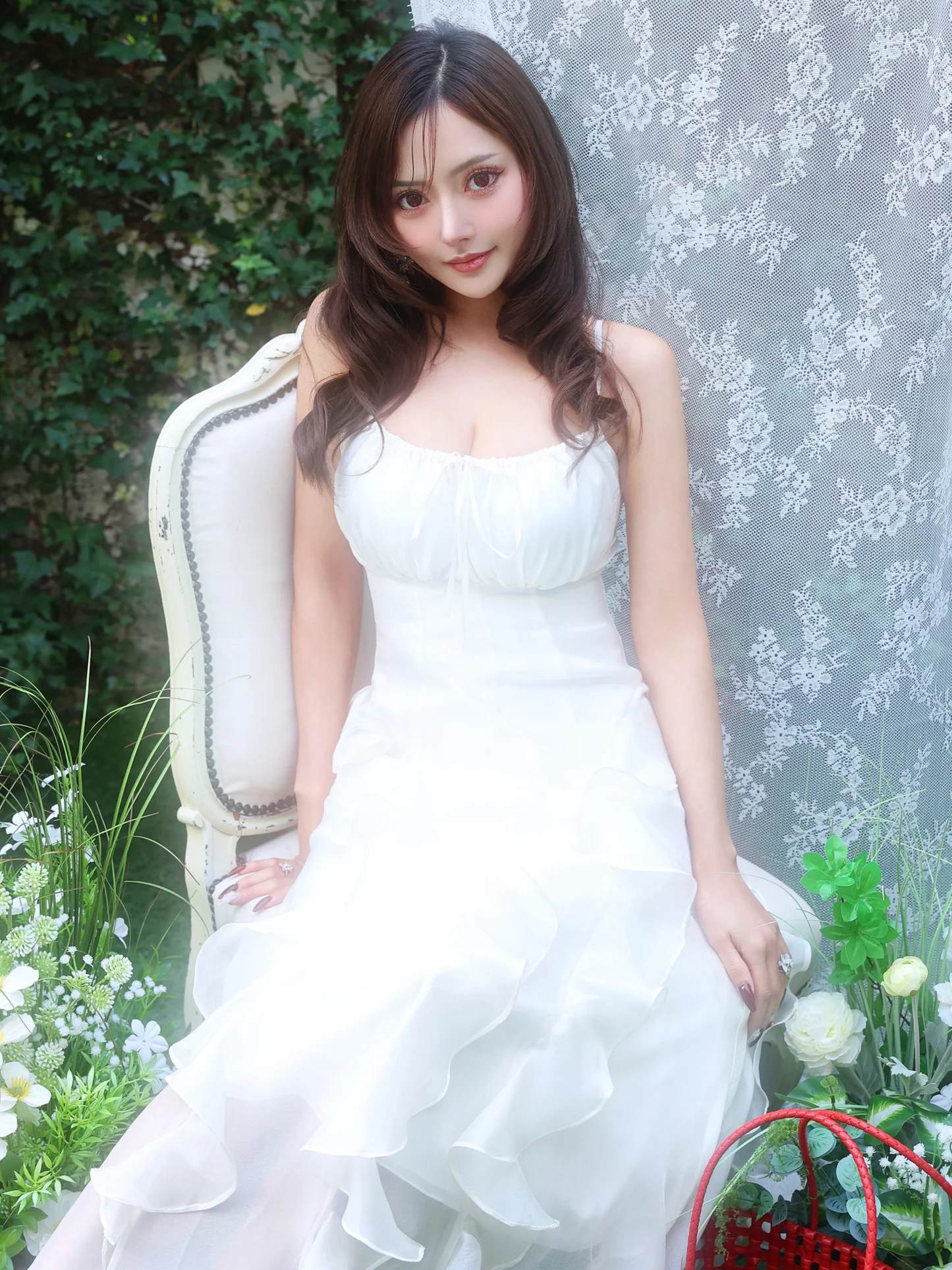 キャミソール バストリボン フラワーデザイン フリル シフォン Aラインロングドレスのイメージ画像6