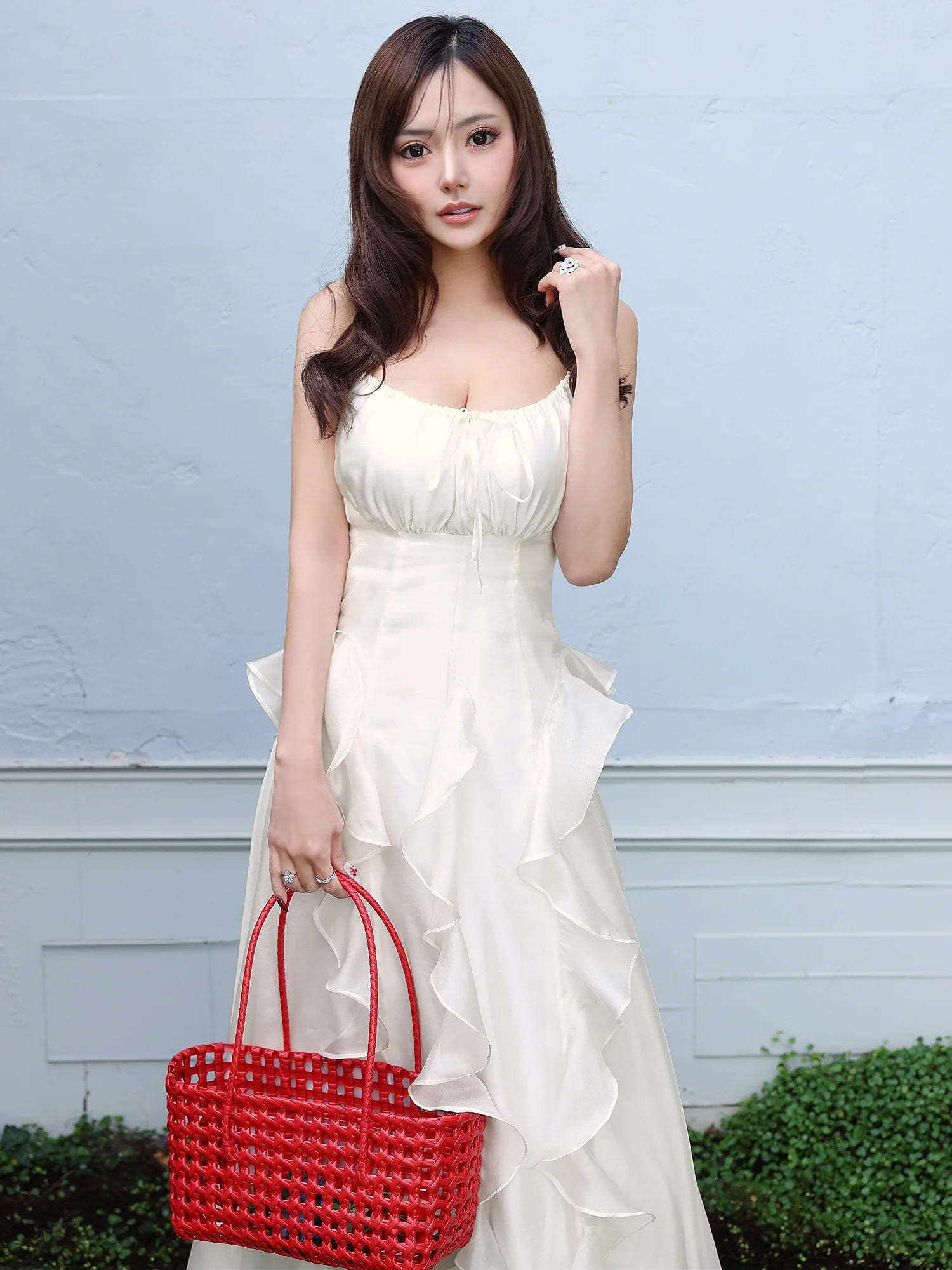 キャミソール バストリボン フラワーデザイン フリル シフォン Aラインロングドレスのイメージ画像4