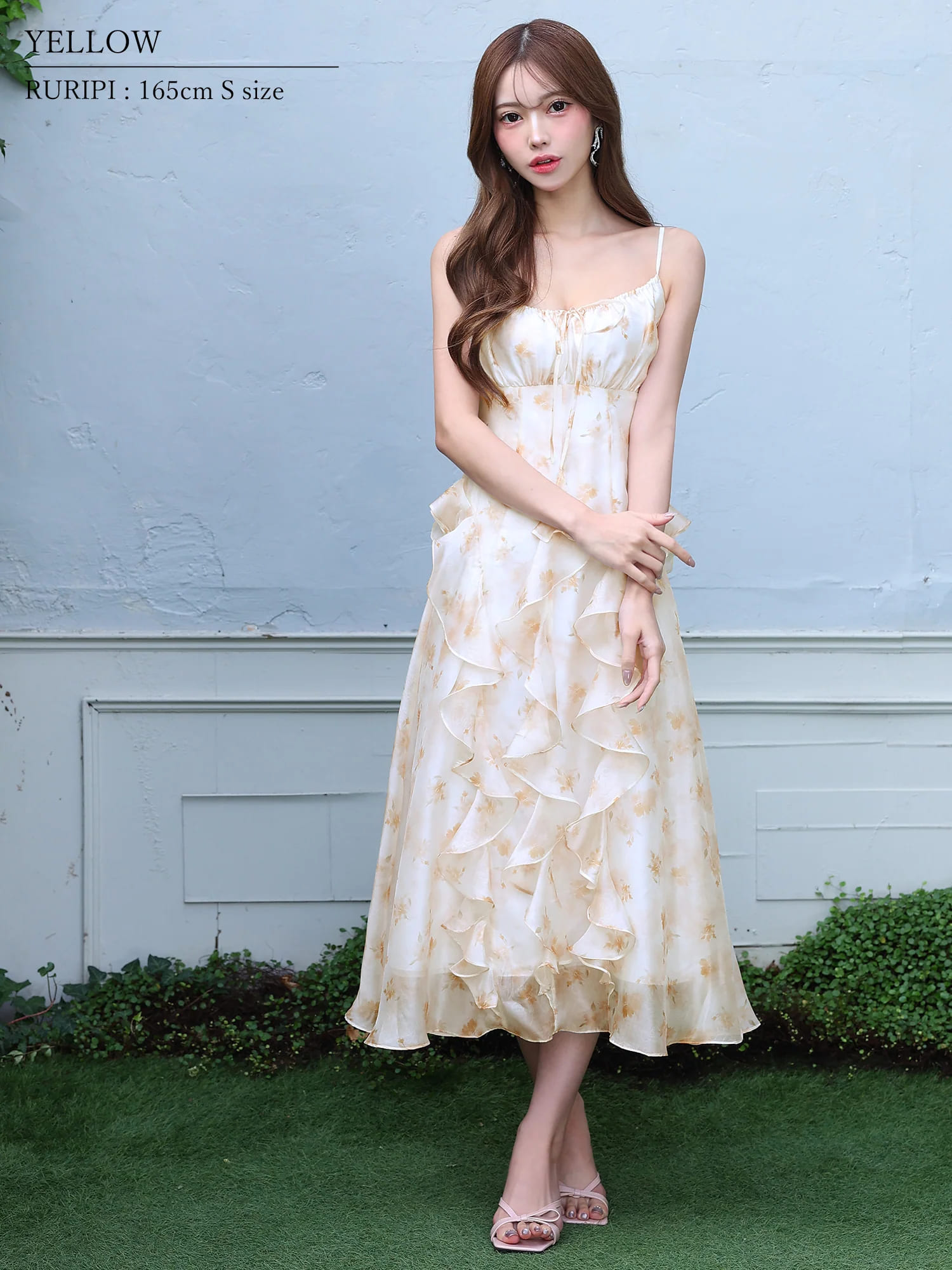 キャミソール バストリボン フラワーデザイン フリル シフォン Aラインロングドレスのイメージ画像5