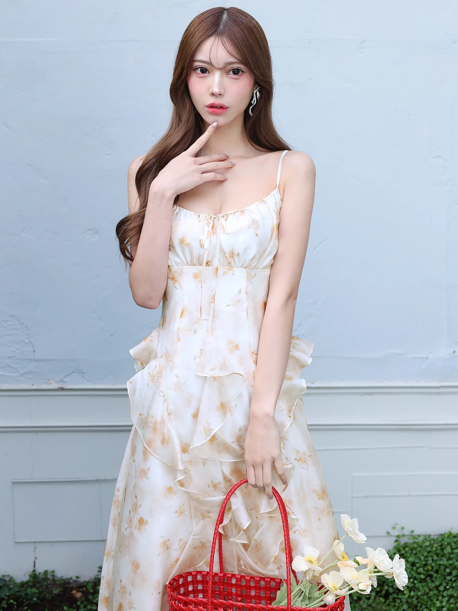 キャミソール バストリボン フラワーデザイン フリル シフォン Aラインロングドレスのイメージ画像6