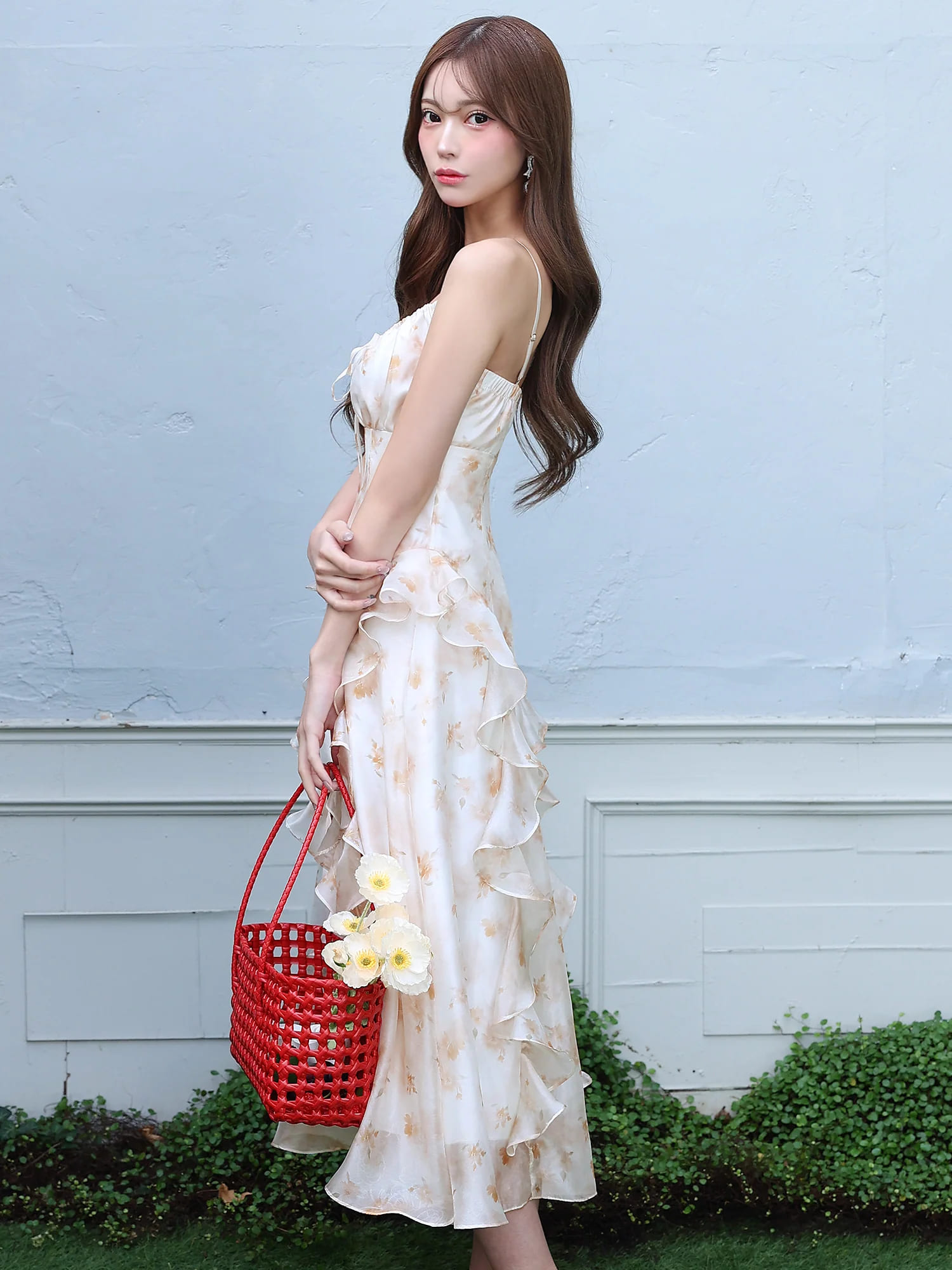 キャミソール バストリボン フラワーデザイン フリル シフォン Aラインロングドレスのイメージ画像7