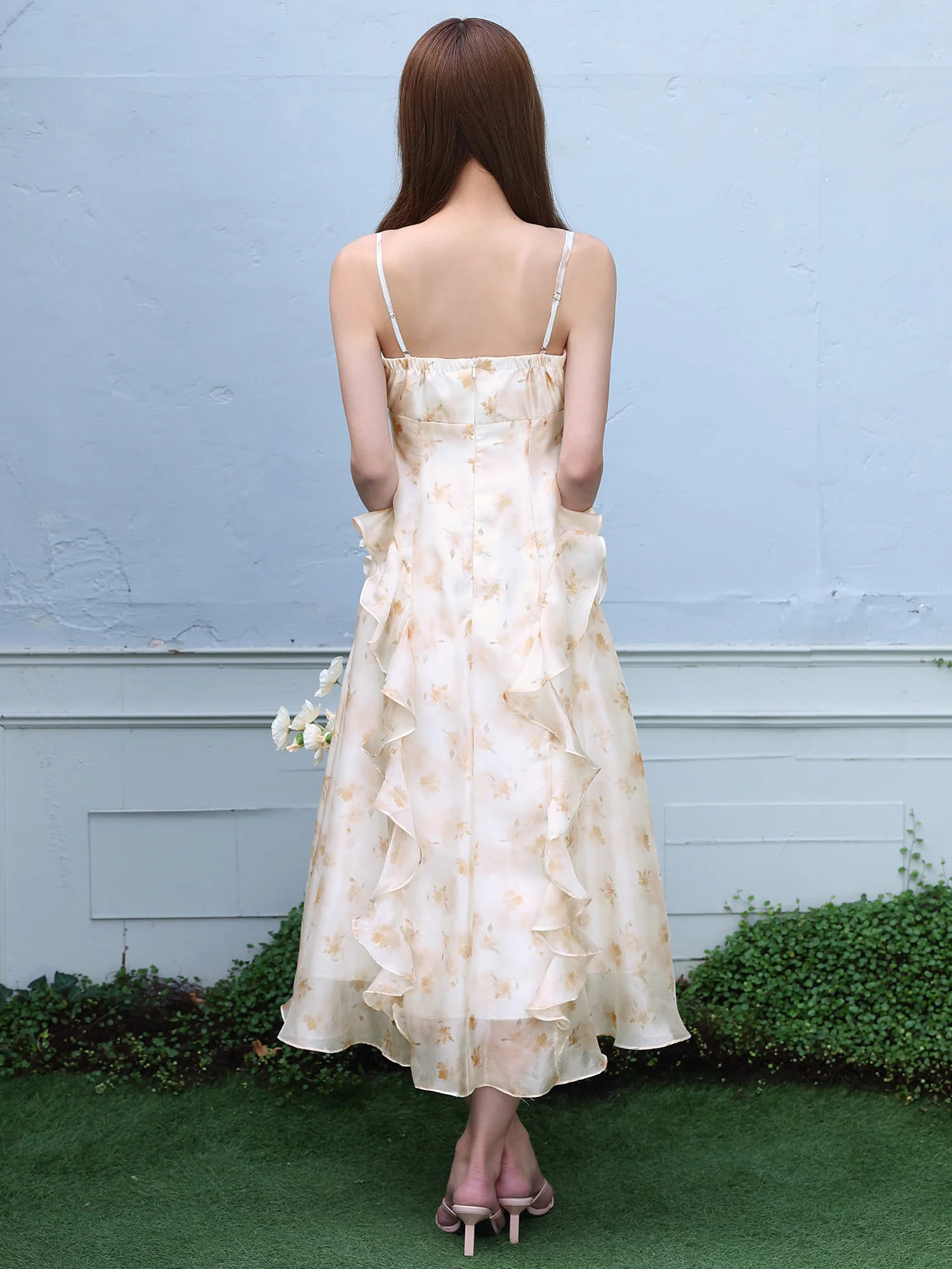 キャミソール バストリボン フラワーデザイン フリル シフォン Aラインロングドレスのイメージ画像8