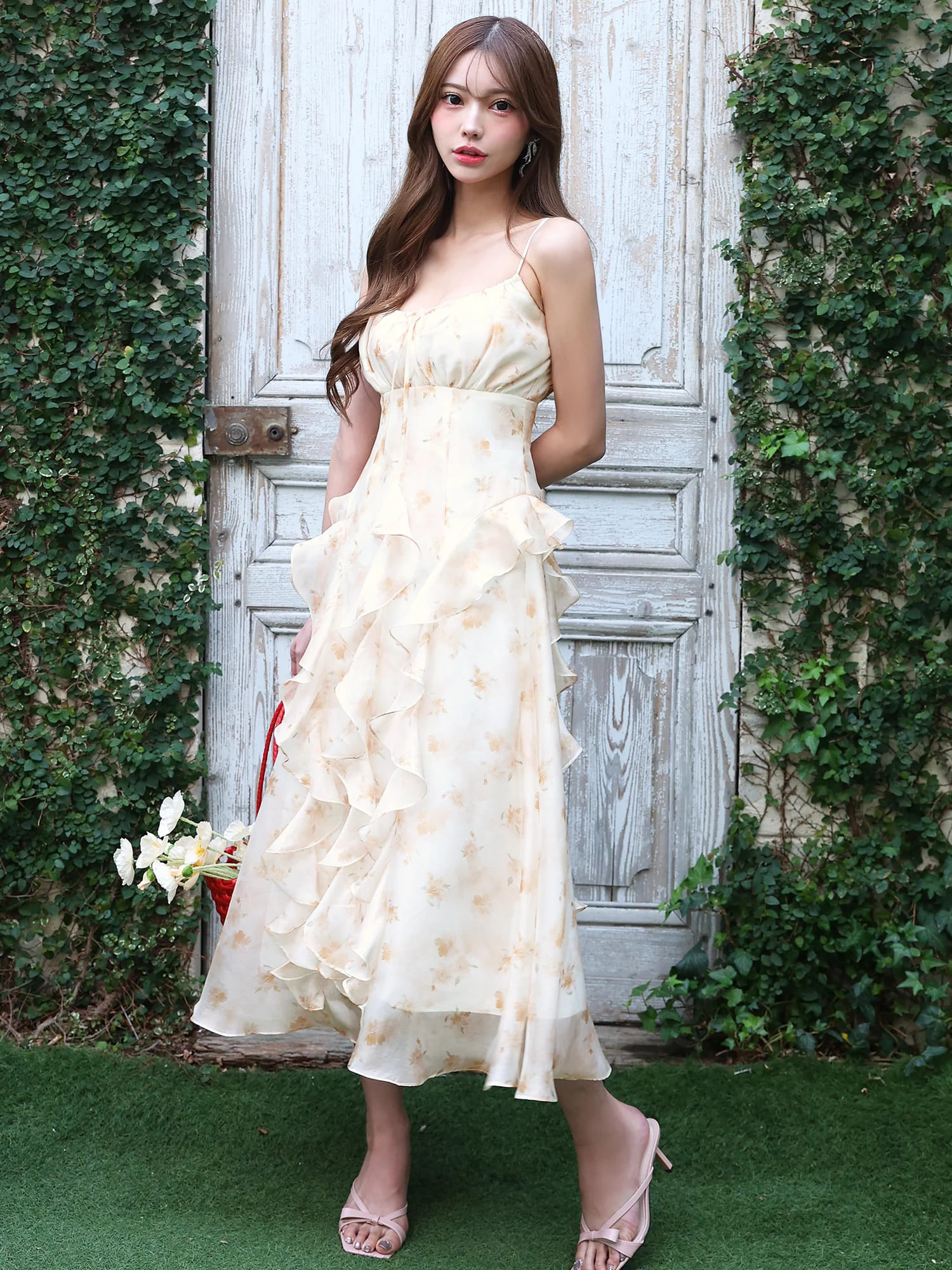 キャミソール バストリボン フラワーデザイン フリル シフォン Aラインロングドレスのイメージ画像1