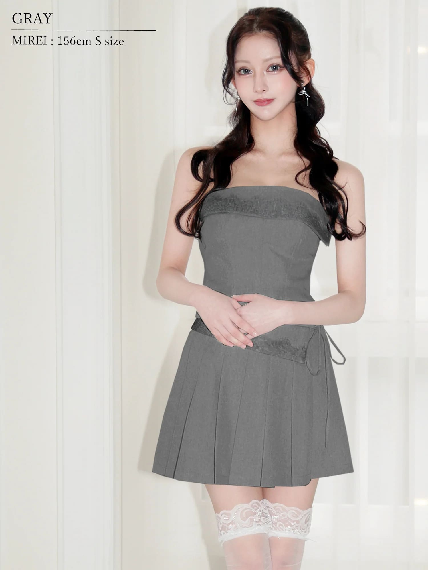 ベアトップ レース リボン セットアップ プリーツ フレアミニドレスのイメージ画像4