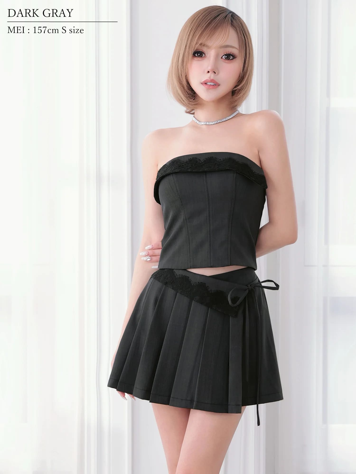 ベアトップ レース リボン セットアップ プリーツ フレアミニドレスのイメージ画像6