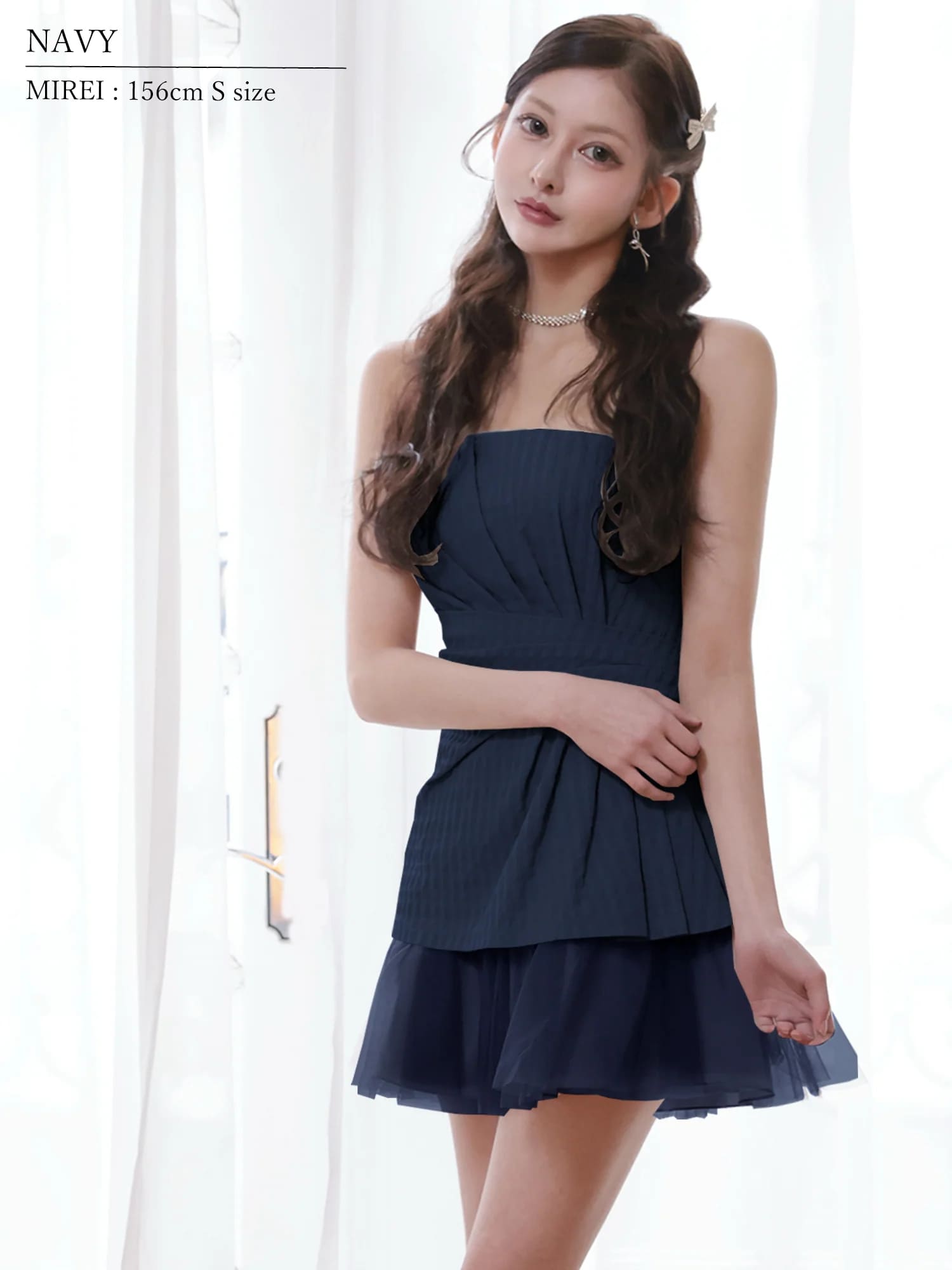 ベアトップ ウエストタック フリル シフォン フレアミニドレスのイメージ画像3