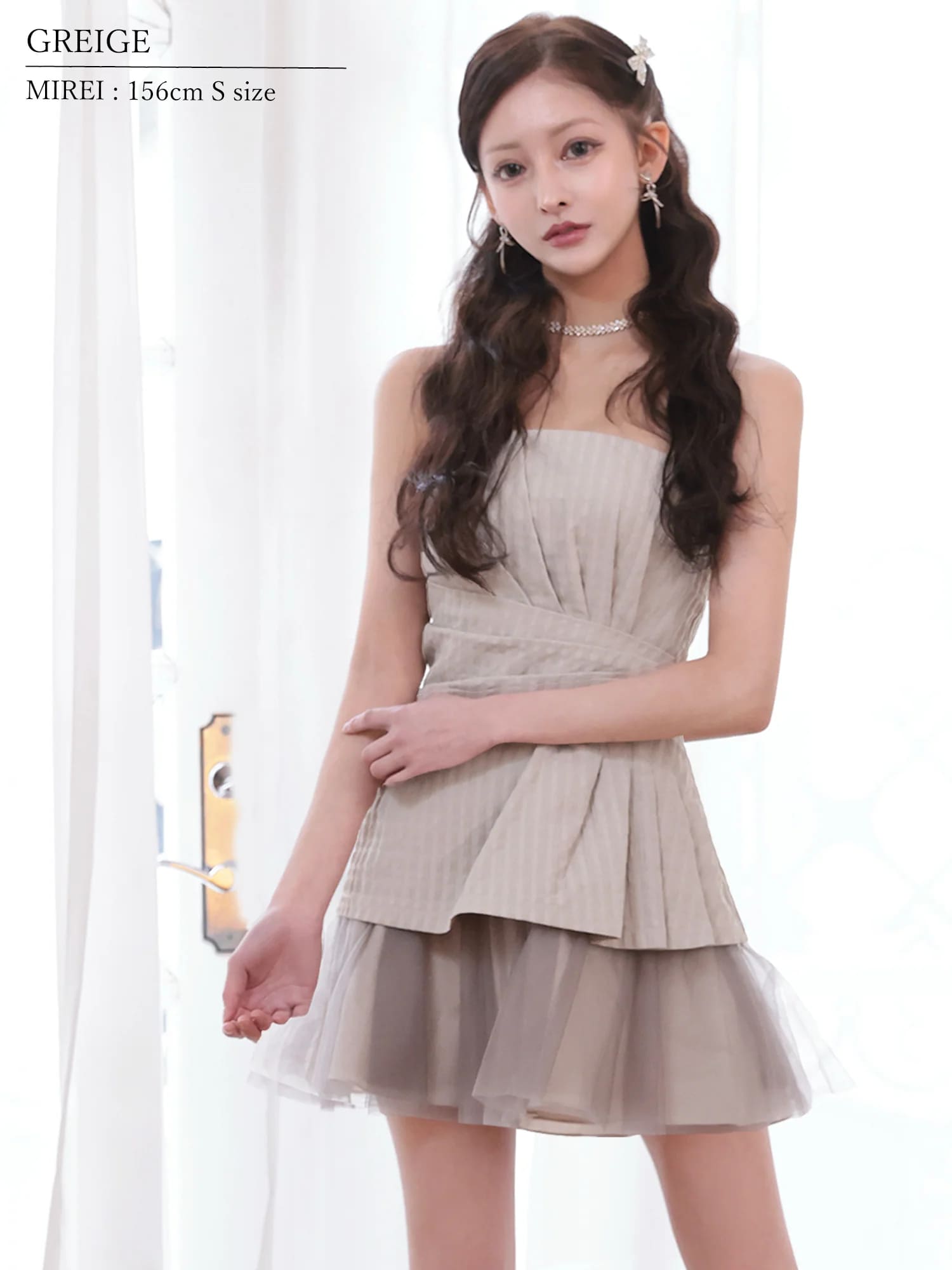 ベアトップ ウエストタック フリル シフォン フレアミニドレスのイメージ画像5