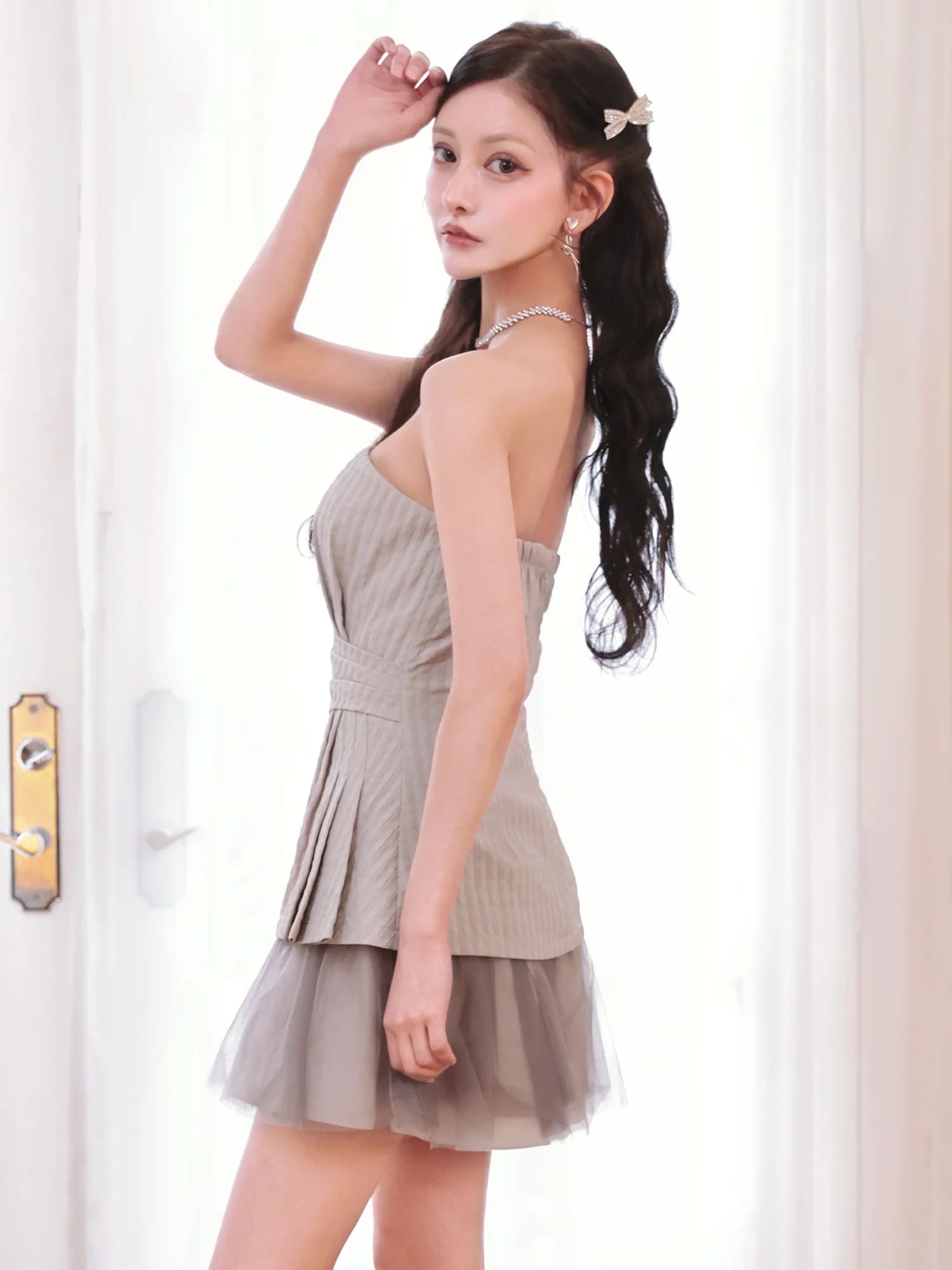 ベアトップ ウエストタック フリル シフォン フレアミニドレスのイメージ画像7