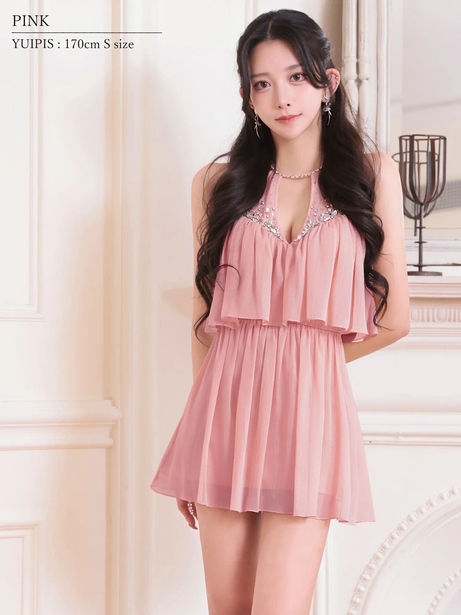 ホルターネック バストカット レイヤード風 ビジュー スパンコール シフォン フレアミニドレスのイメージ画像6