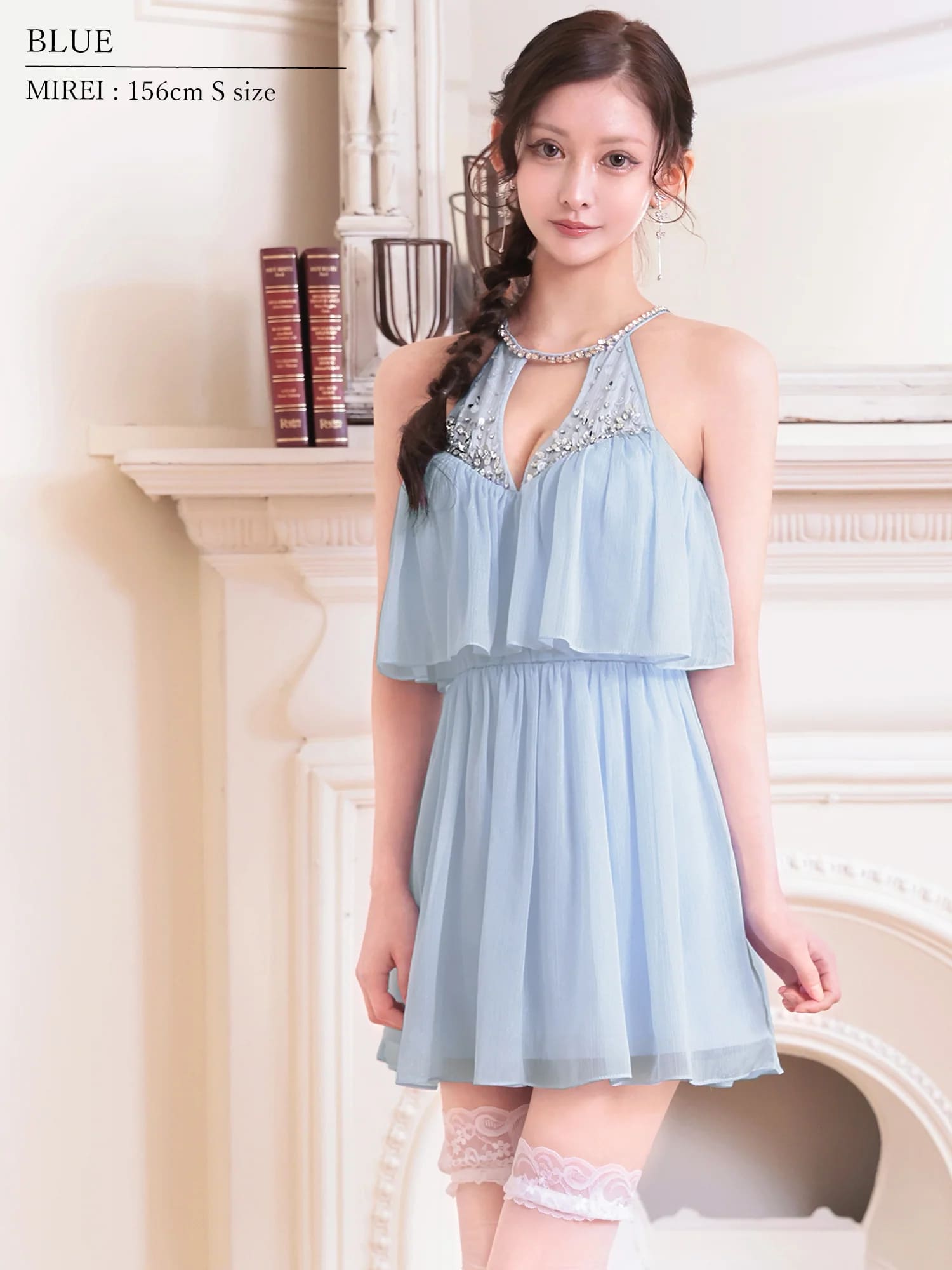 ホルターネック バストカット レイヤード風 ビジュー スパンコール シフォン フレアミニドレスのイメージ画像7