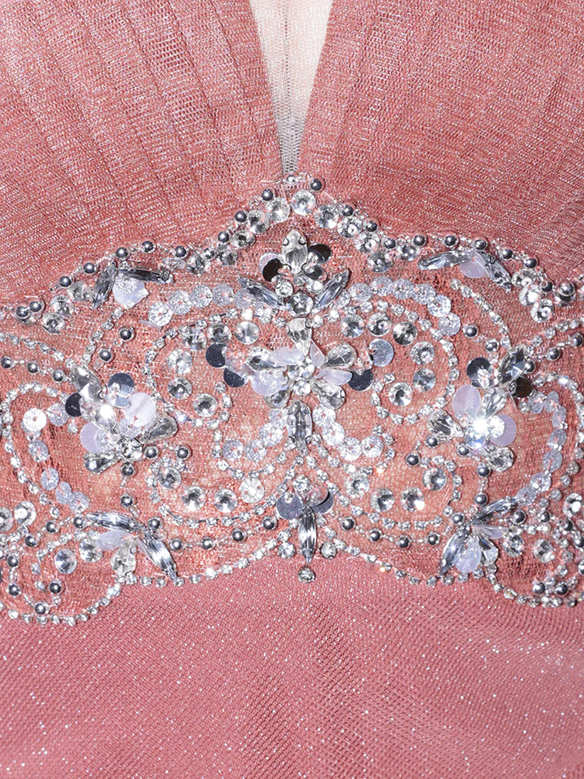 キャミソール ビジュー ラメ Vカット ウエストタック レース メッシュ タイトミニドレスのイメージ画像13