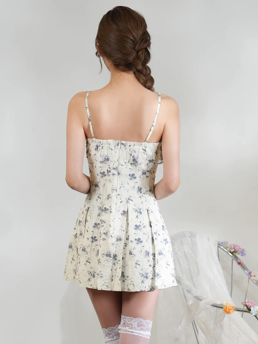 キャミソール カットデザイン リボン フラワー プリーツスカート フレアミニドレスのイメージ画像10