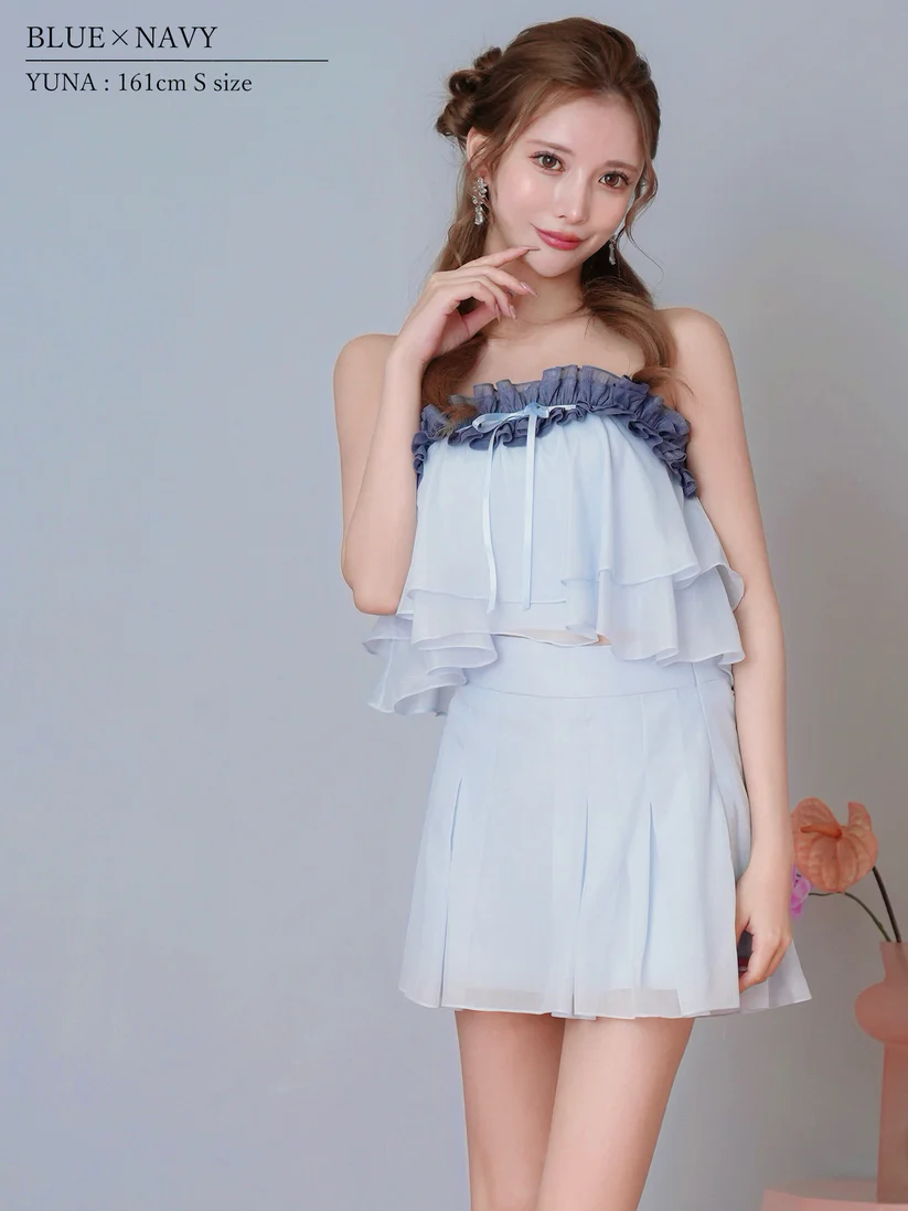 セットアップ シフォン フリル シアー リボン ベアトップ フェミニン フレアミニドレスのイメージ画像3