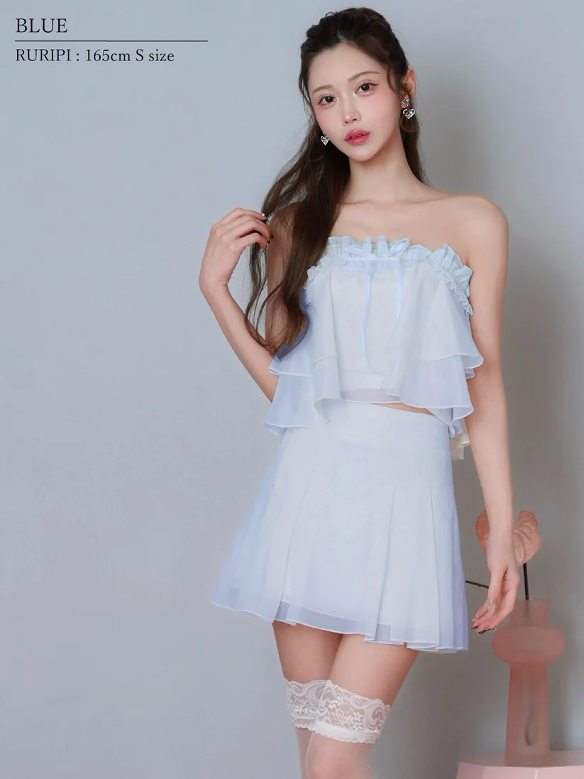 セットアップ シフォン フリル シアー リボン ベアトップ フェミニン フレアミニドレスのイメージ画像4