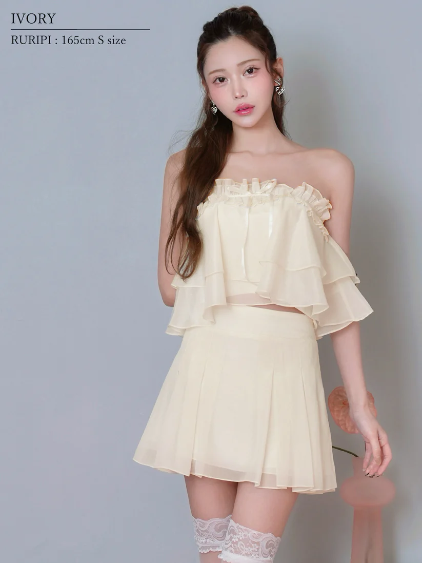 セットアップ シフォン フリル シアー リボン ベアトップ フェミニン フレアミニドレスのイメージ画像5