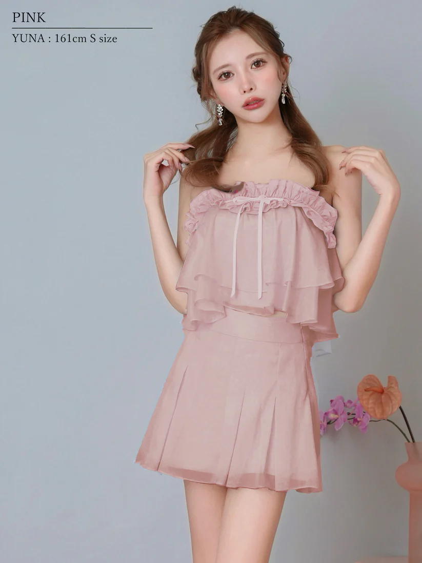 セットアップ シフォン フリル シアー リボン ベアトップ フェミニン フレアミニドレスのイメージ画像6