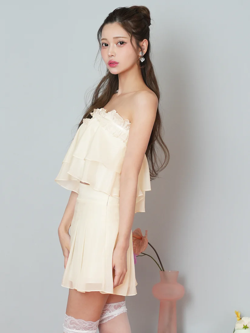 セットアップ シフォン フリル シアー リボン ベアトップ フェミニン フレアミニドレスのイメージ画像7