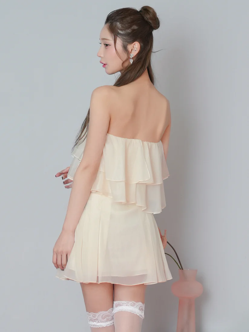 セットアップ シフォン フリル シアー リボン ベアトップ フェミニン フレアミニドレスのイメージ画像8