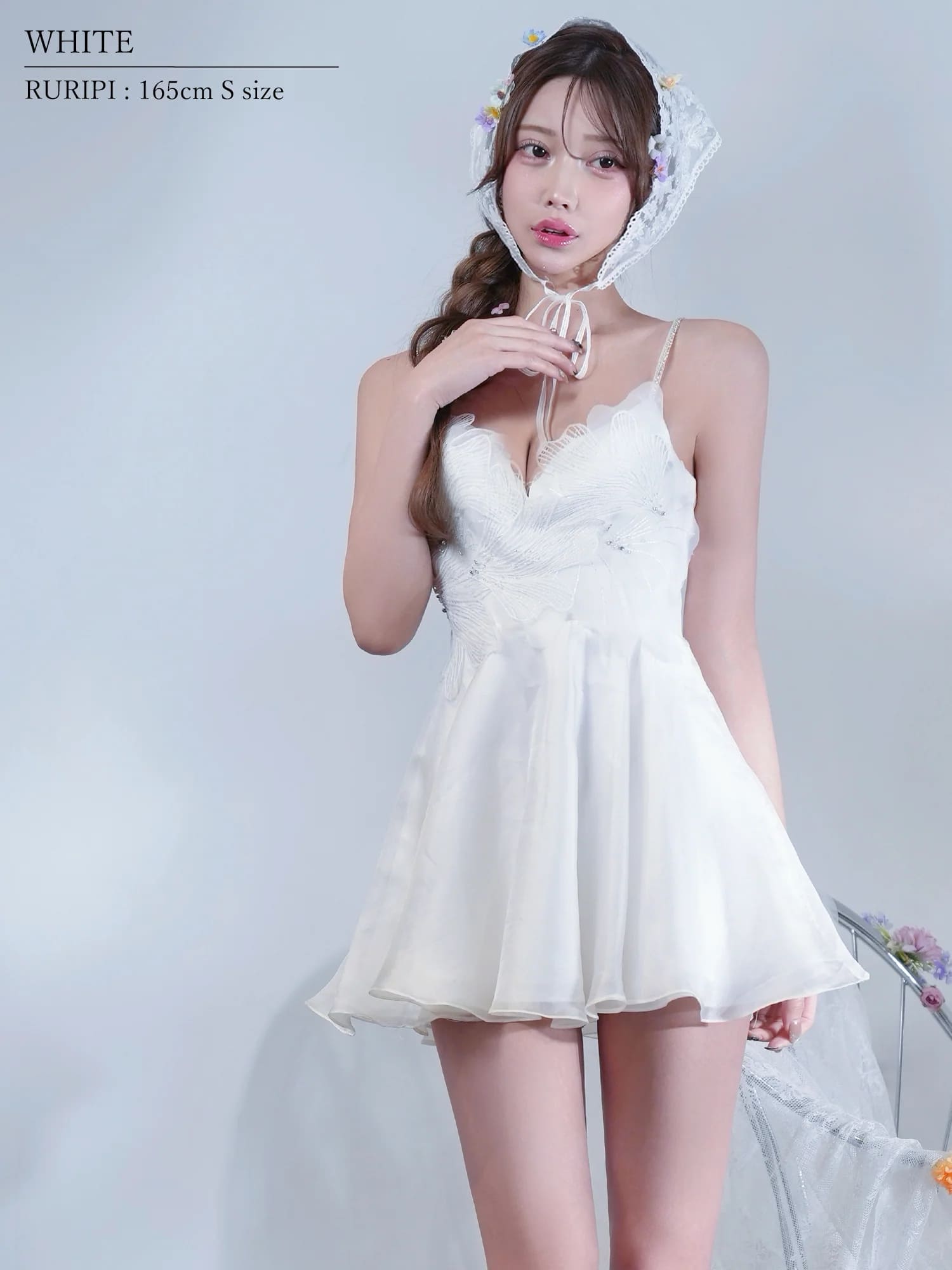 キャミソール アッパーフラワーレース ビジュー フレアミニドレスのイメージ画像3