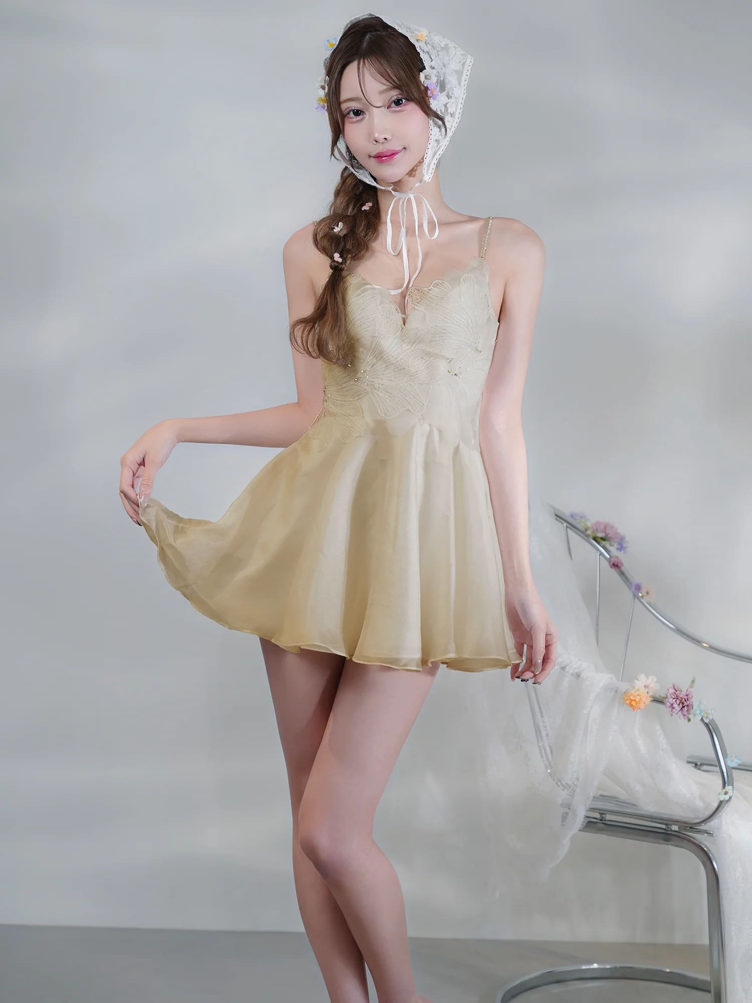 キャミソール アッパーフラワーレース ビジュー フレアミニドレスのイメージ画像5