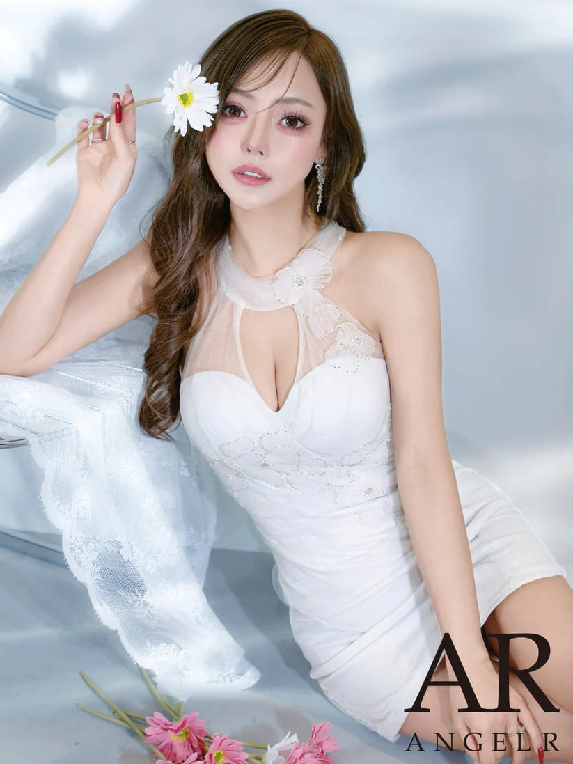 ホルターネック オープンバスト フラワーレース シアーチュール ビジュー タイトミニドレスのメイン画像