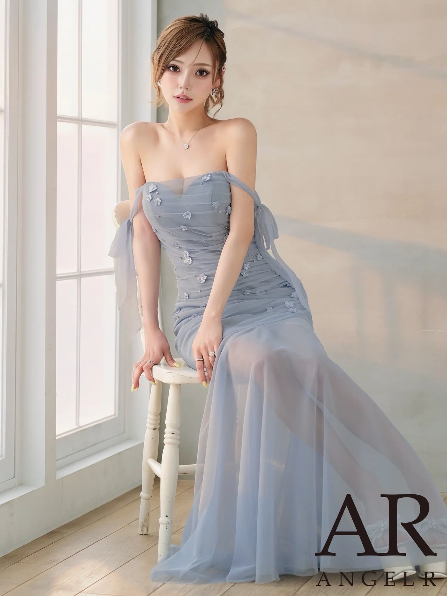 2way ショルダーリボン オフショルダー 立体フラワー ビジュー シャーリングシフォン マーメイドロングドレスのメイン画像